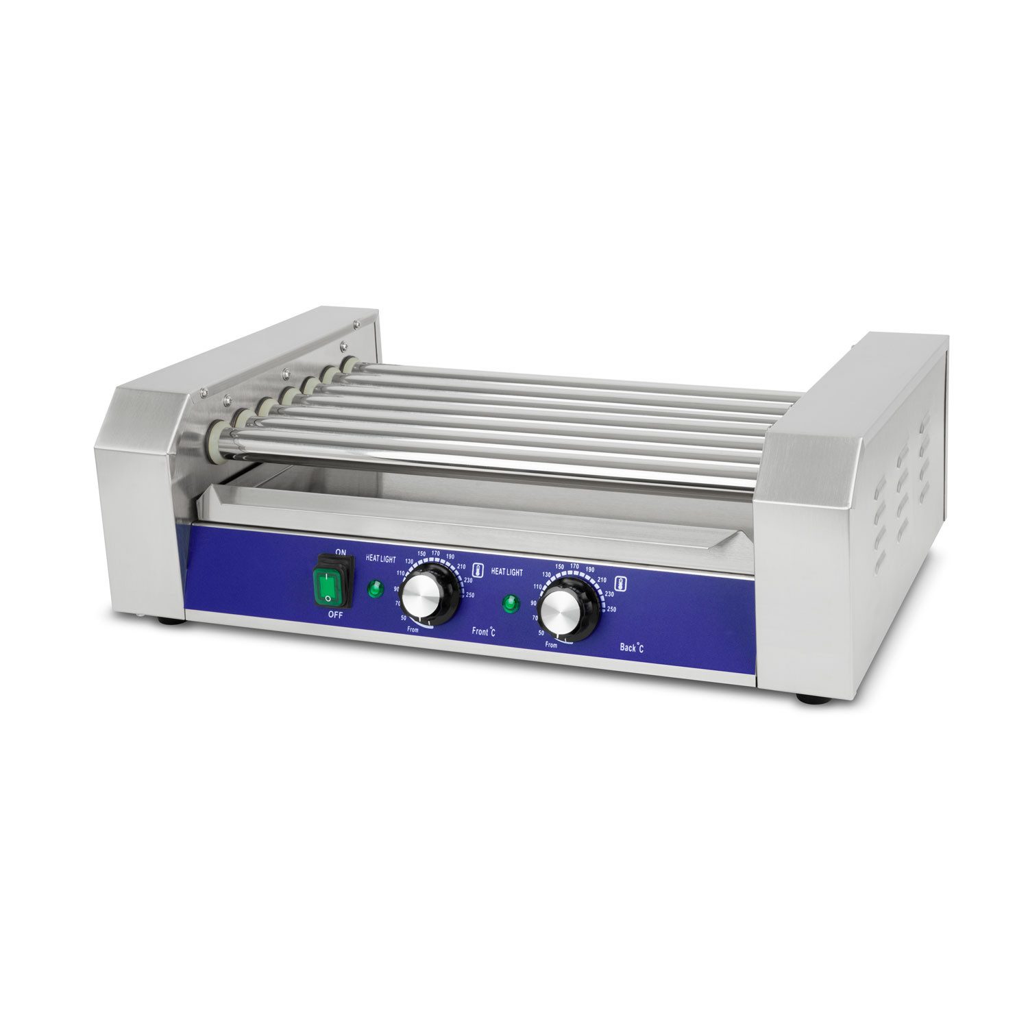 vertes Hotdog-Maker mit 7 Walzen und 2 Heizzonen, aus Edelstahl, Elektrisch mit, 1400 W, Profi Würstchen Grill mit Glasabdeckung Auffangschale 50-250°C Temp