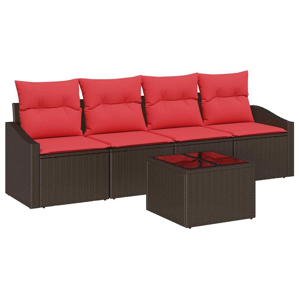 vidaXL Loungesofa Sofa Set 5 stk. 3-Sitzanzahl Braun und Rot Poly Rattan, 5 Teile