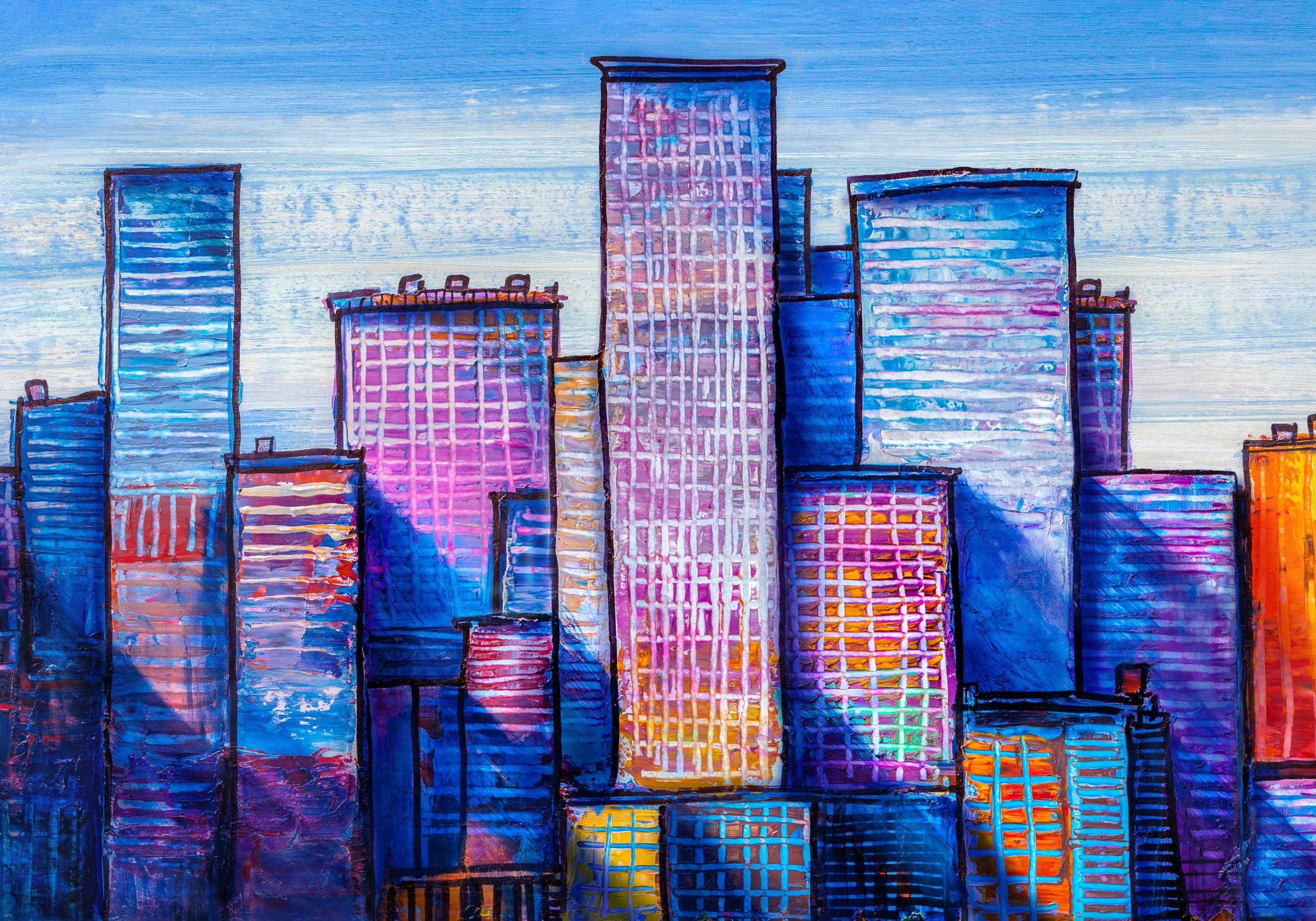wandmotiv24 Fototapete Gemälde blaue Hochhäuser Vliestapete Stadt, matt, Wandtapete, Motivtapete, glatt