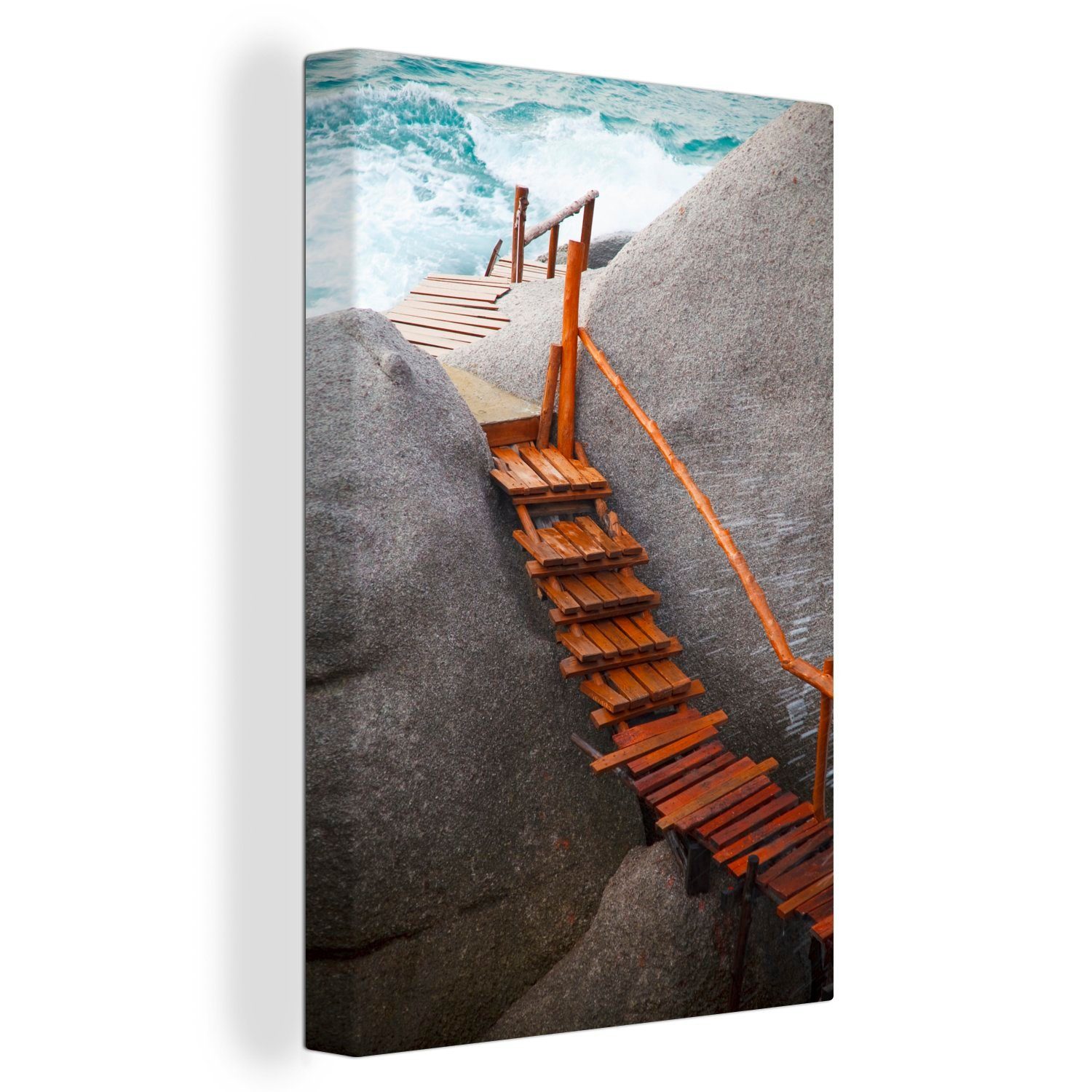 OneMillionCanvasses® Leinwandbild Steg zwischen den Felsen Ko Tao Thailand, (1 St), Leinwandbild fertig bespannt inkl. Zackenaufhänger, Gemälde, 20x30 cm | Leinwandbilder