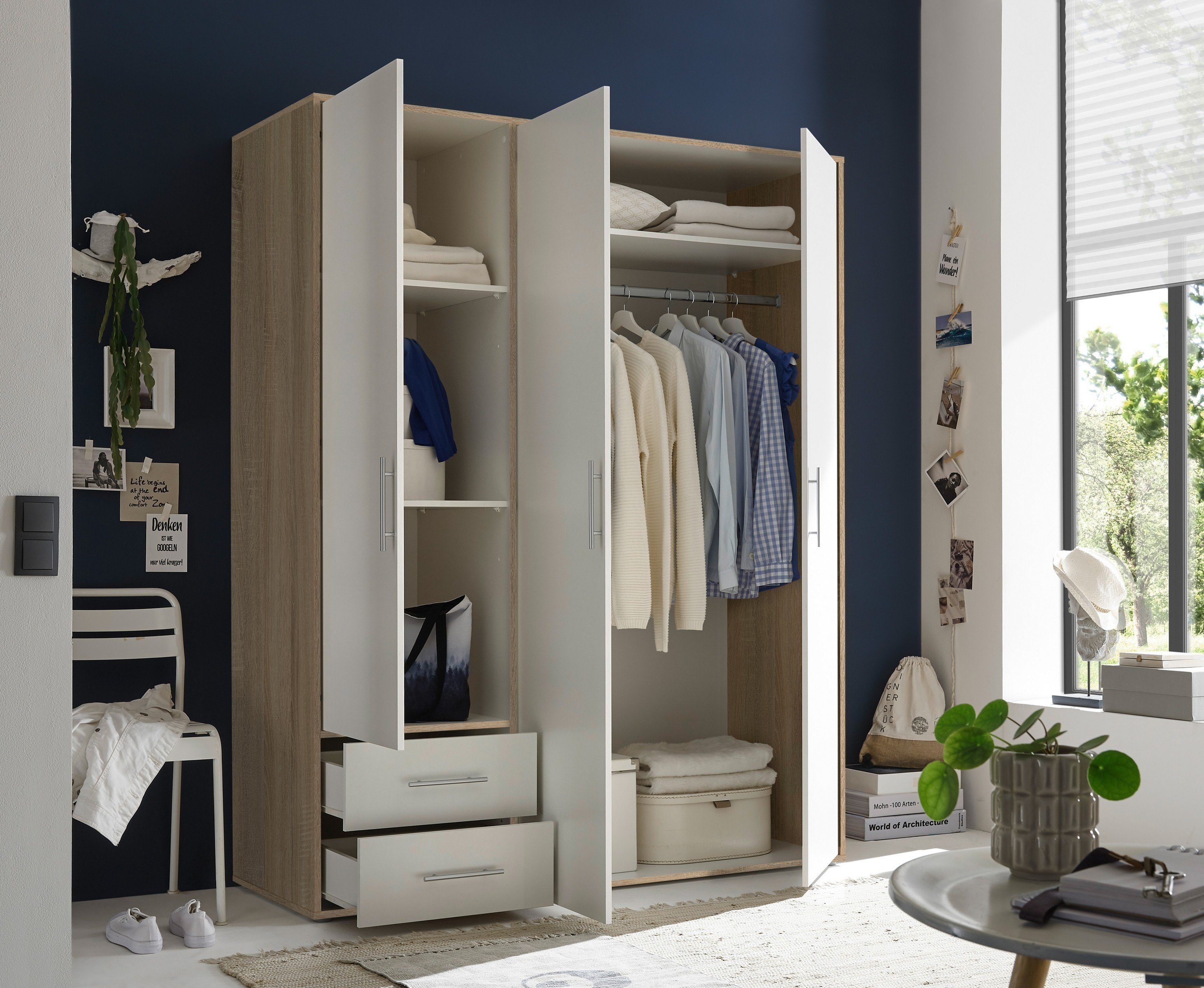 Pol-Power Kleiderschrank in Sonoma Eiche / Weiß mit 2 Schubladen und 3 Türen (BxHxT: 155x195x60 cm)