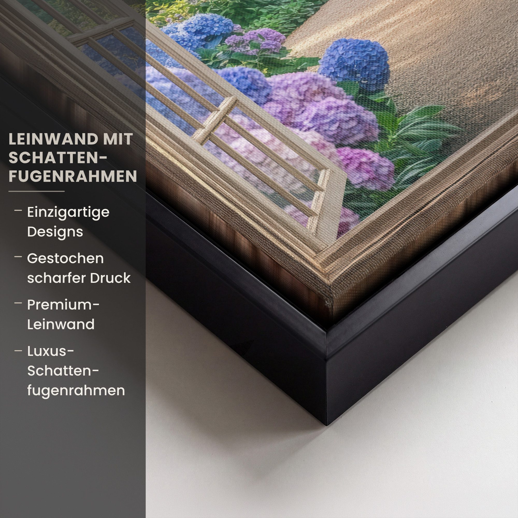 OneMillionCanvasses® Leinwandbild mit Rahmen - Aussicht - Garten - Fenster - Hortensie - Blumen, Fotodruck (1 St), Leinwand Bilder Klein, Wand Dekoration Aesthetic 20x20cm