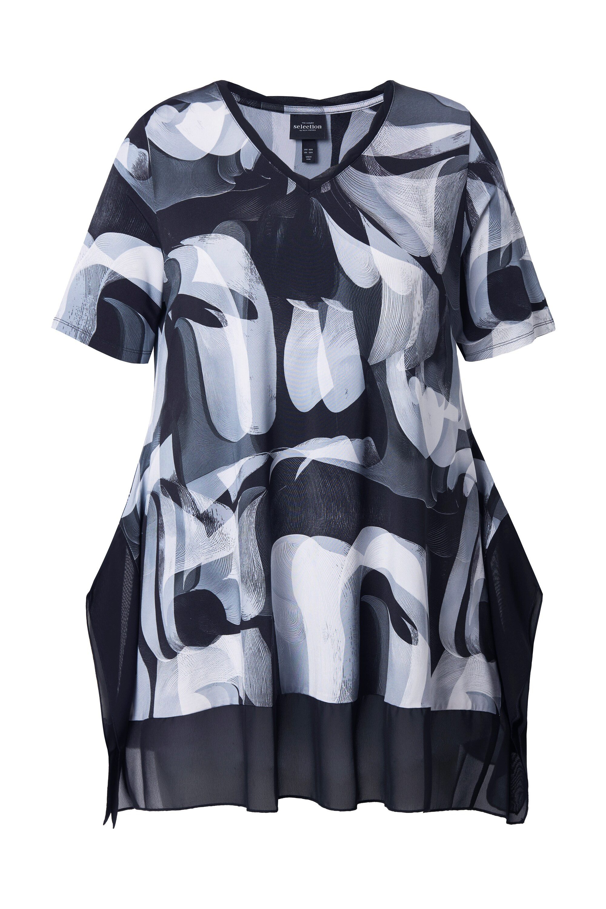 Ulla Popken T-Shirt Slinky-Shirt Chiffonsaum V-Ausschnitt Halbarm günstig online kaufen