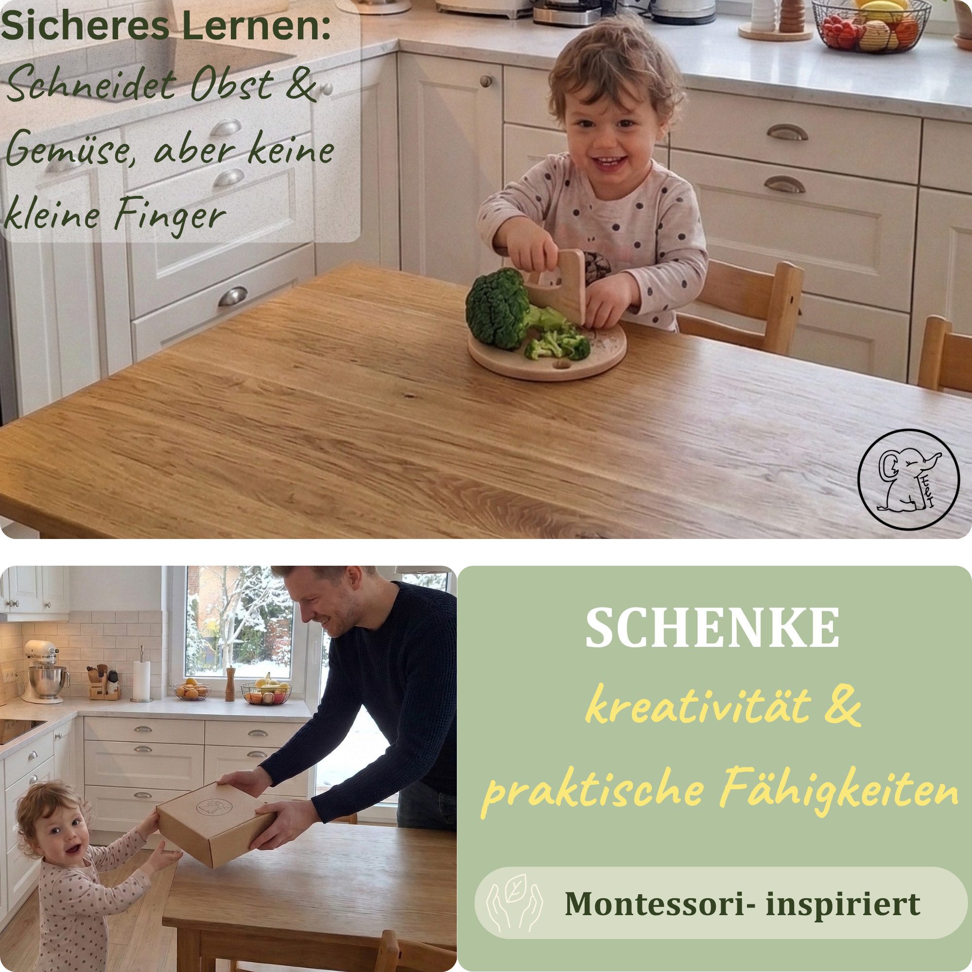 Eli Kinderkochmesser Kindermesser Set inkl. Schneidebrett und Holzmesser kindersicheres, hochwertiges 2 teiliges Set für Obst und Gemüse - Schneidebrett