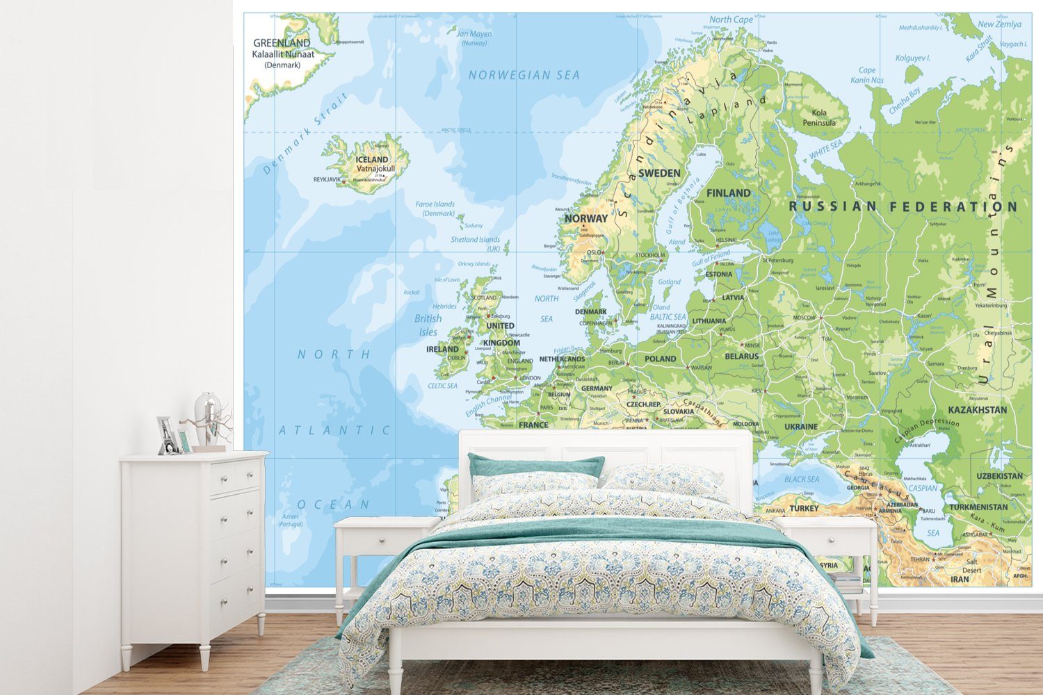 MuchoWow Fototapete Karte - Europa - Geographie, Matt, bedruckt, (6 St), Montagefertig Vinyl Tapete für Wohnzimmer, Wandtapete