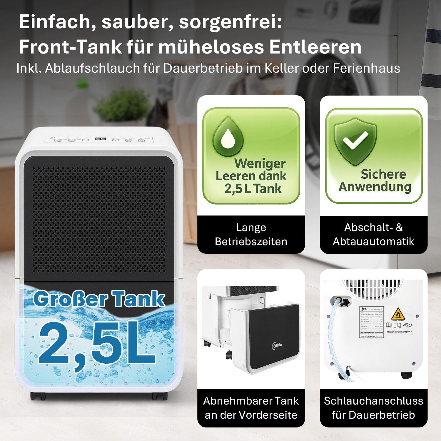 alfda Luftentfeuchter AEF1200, für 62 m³ Räume, Entfeuchtung 12,00 l/Tag, Tank 2,50 l, Automatikprogramm, bis 25 m², Drainageanschluss, gegen Feuchtigkeit