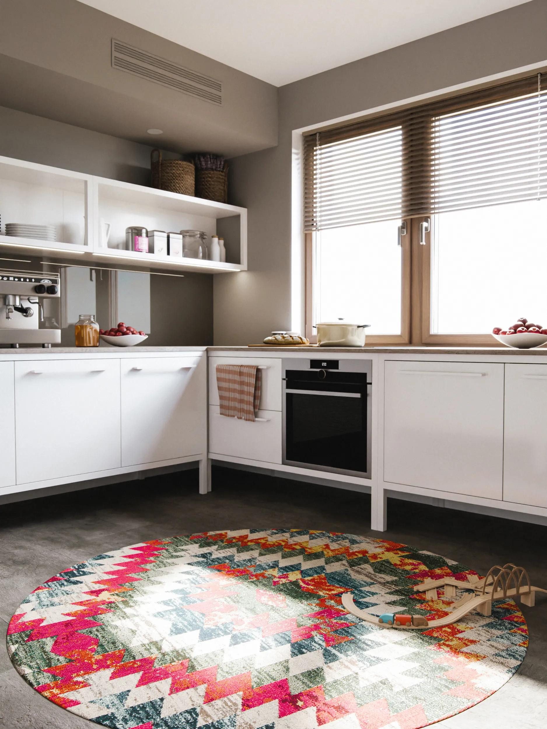 benuta Teppich Casa, rund, Höhe: 11 mm, Teppich Wohnzimmer, Esszimmer, Schlafzimmer, Flur, Farbenfroh, Retro
