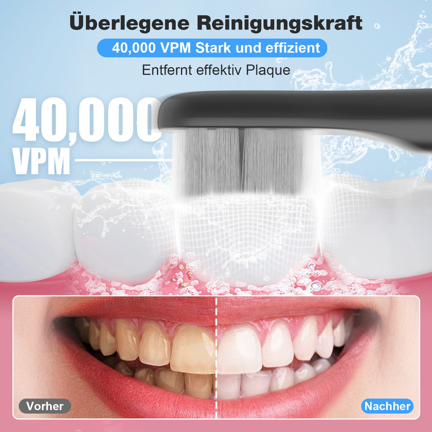 MCURO Schallzahnbürste Schallzahnbürste für Zahnpflege 40000 VPM, 5 Putzmodi, Aufsteckbürsten: 6 St., Reise Zahnbürsten,Timer,TYPE-C aufladbar