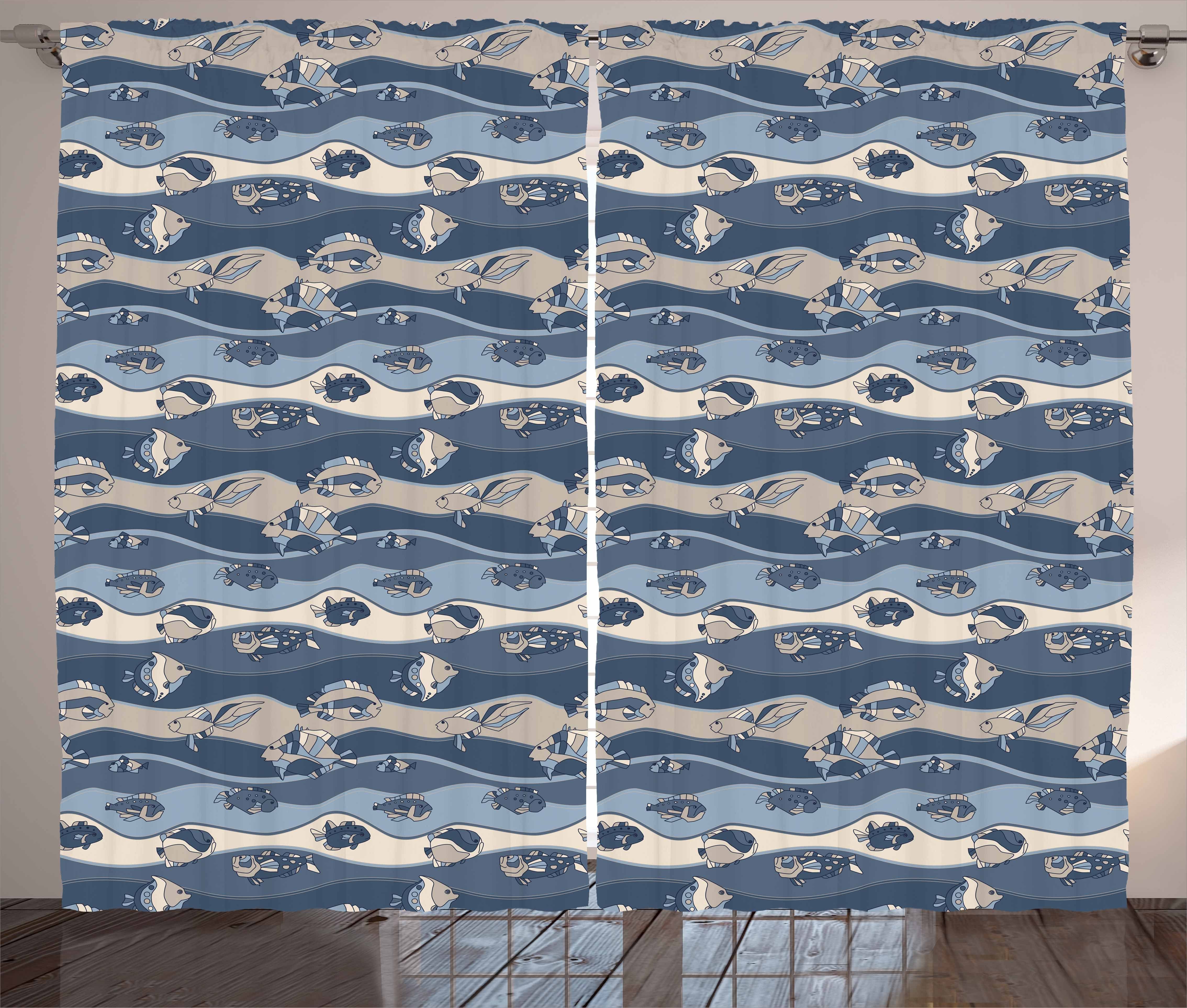 Gardine Schlafzimmer Kräuselband Vorhang mit Haken, Aquarium und Abakuhaus, Fisch Schlaufen Cartoon