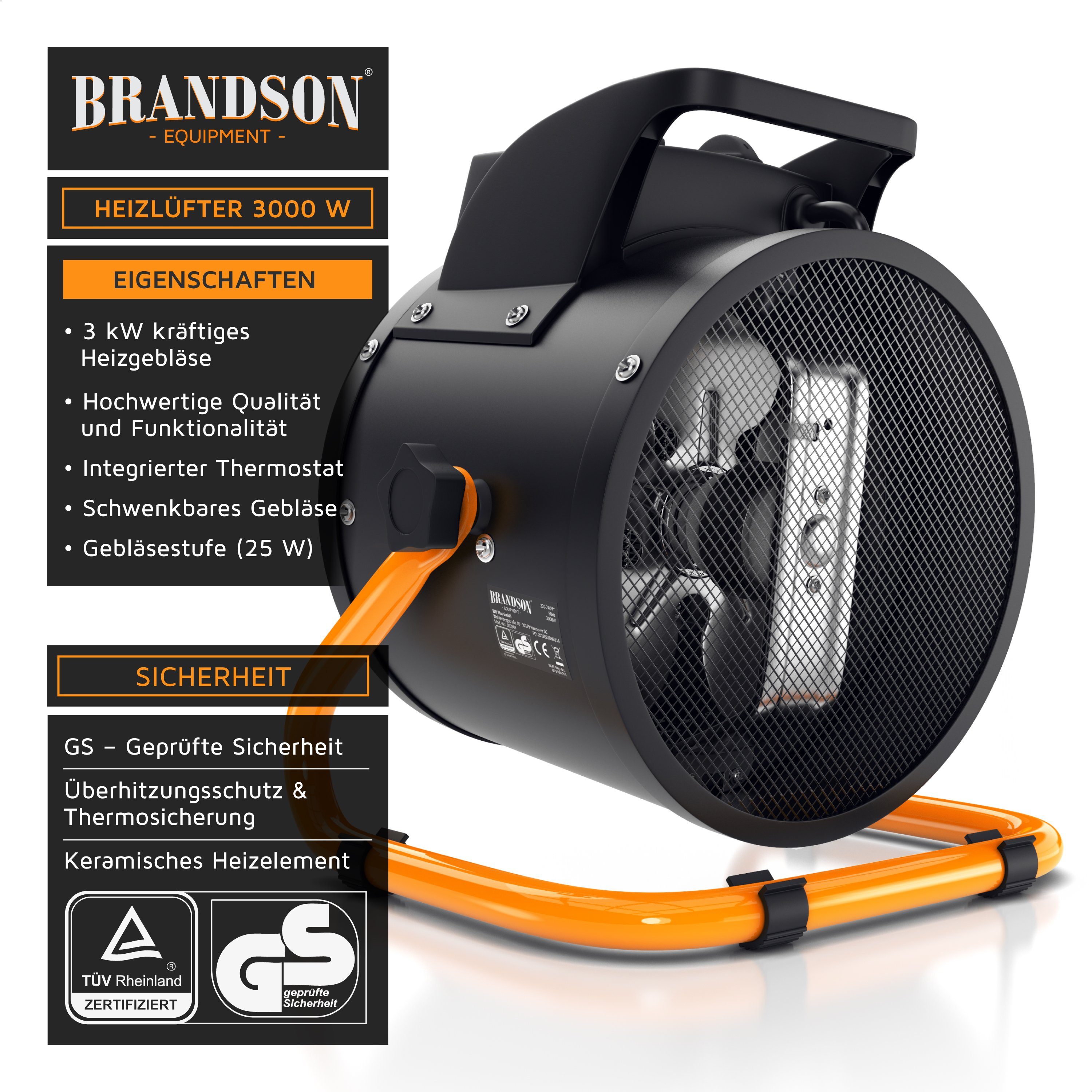 Brandson Keramikheizlüfter Baustellen Heizlüfter, Heizgebläse 3 kW, Keramik Elektroheizgebläse, 3000 W, Bautrockner mit Überhitzungsschutz für Baustelle Haus Werkstatt Garage