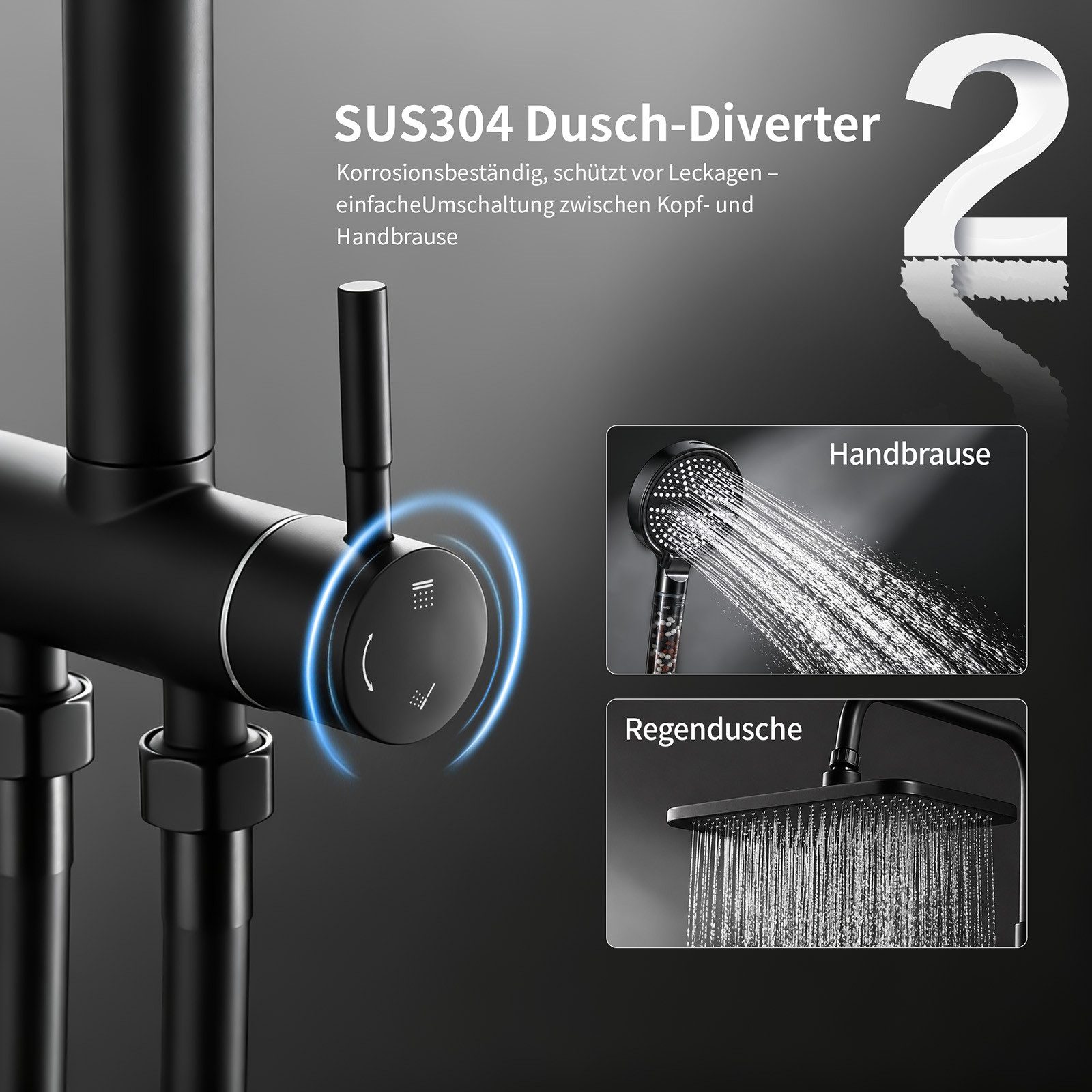 HOMELODY Duschsystem mit Badewannenarmatur, 30×20 cm Regendusche, 6-Strahl-Handbrause, SUS304 Edelstahl, höhenverstellbar, Filter-Handbrause, Schwarz – Bild 2 von 5