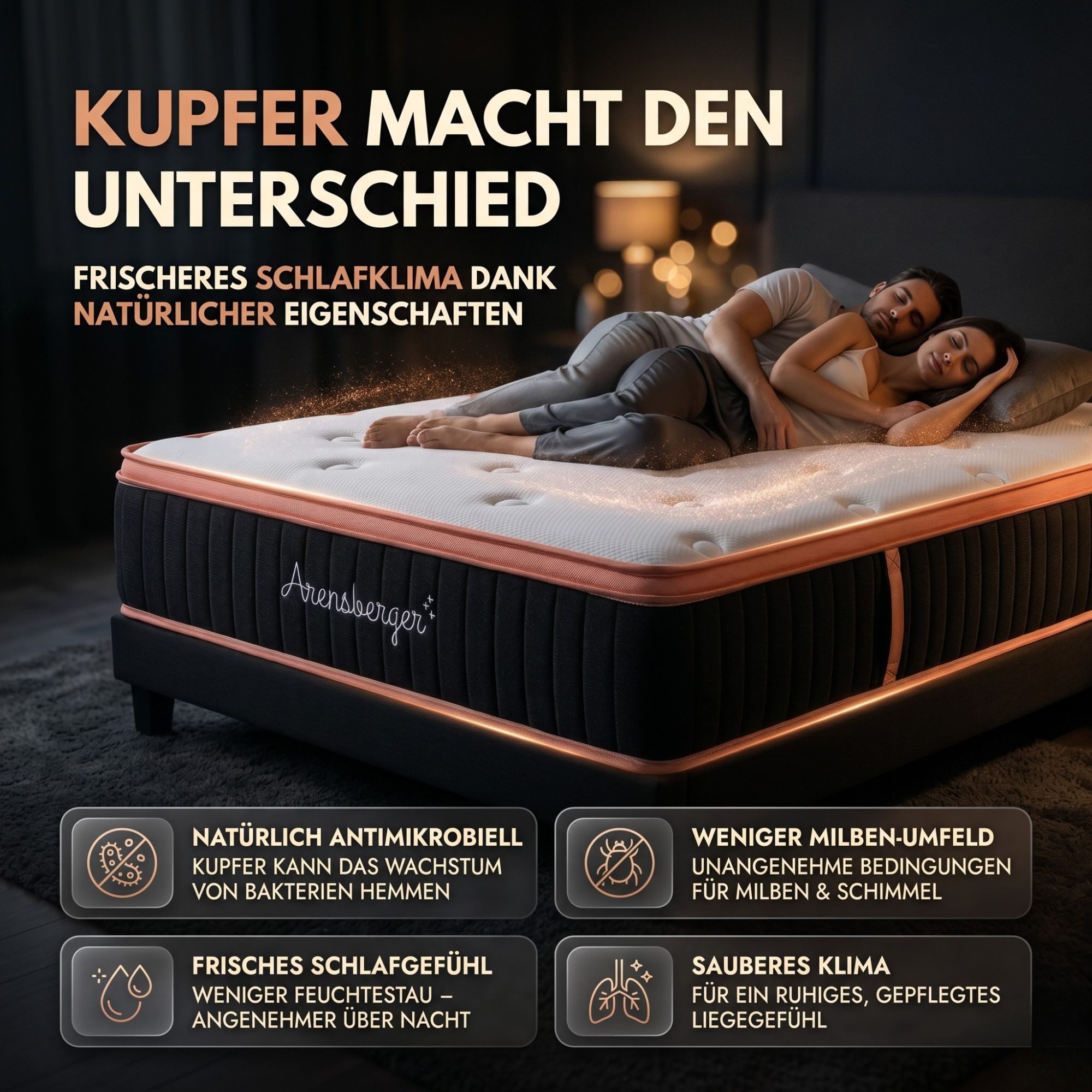 Taschenfederkernmatratze Kupfer Matratze, H3 H4, integrierter Topper, antimikrobiell, Arensberger, 25 cm hoch, (90 x 200 cm, 90x200cm), Kupferschaum, Rollmatrat – Bild 4 von 5