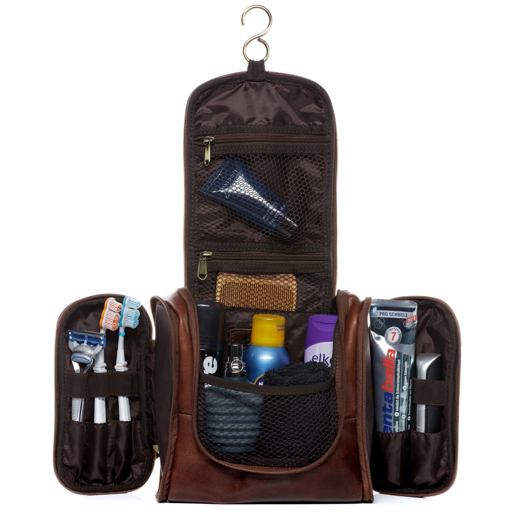 SID & VAIN Kulturbeutel echt Leder Kulturtasche zum Aufhängen braun Dexter, Waschbeutel Echtleder für Damen & Herren, Kosmetiktasche braun-cognac