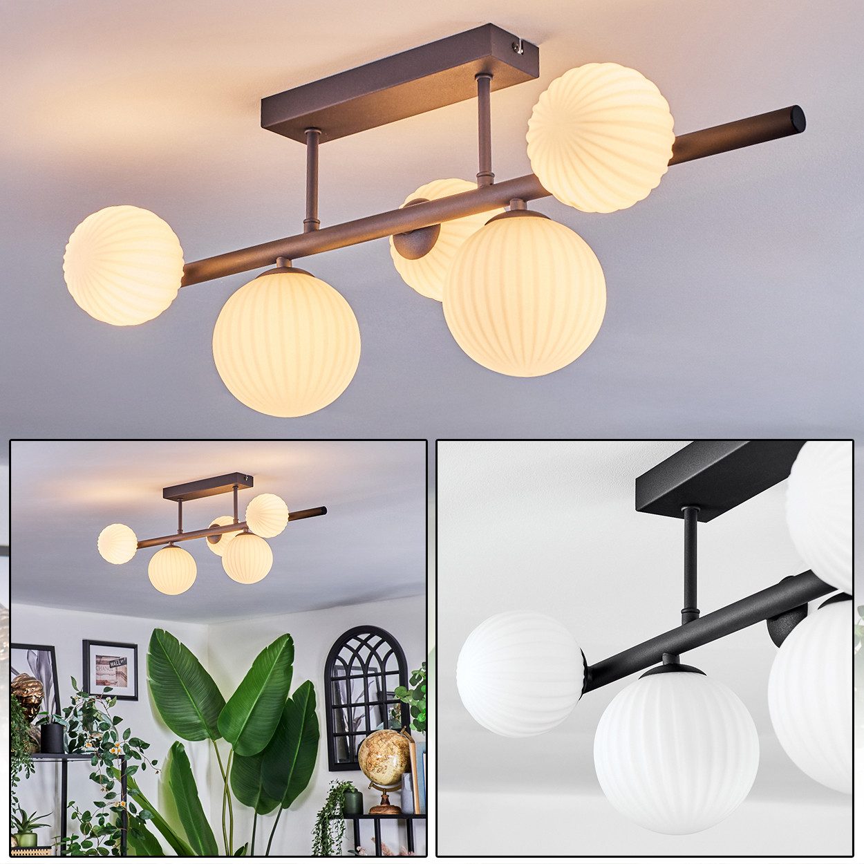 hofstein Deckenleuchte Deckenlampe aus Metall/Milchgas in Schwarz/Weiß, Deckenleuchte im Retro/Vintage-Design (Schirme Ø 10; 12 cm), 5 x G9