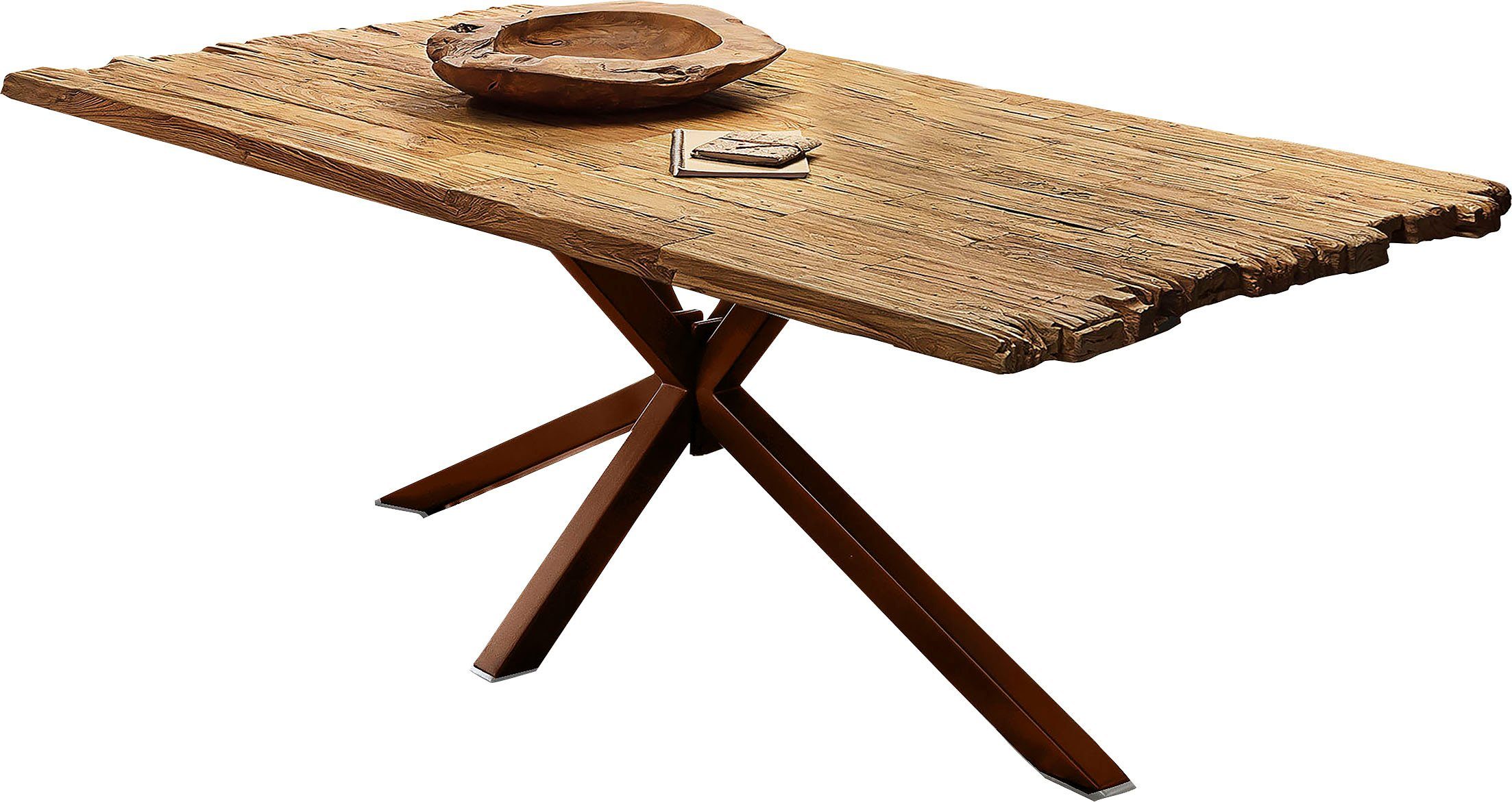 SIT Esstisch Mantua aus recyceltem Teakholz mit Bruchkante & Metallgestell, 50 mm starke Teakholzplatte mit markanter Bruchkante
