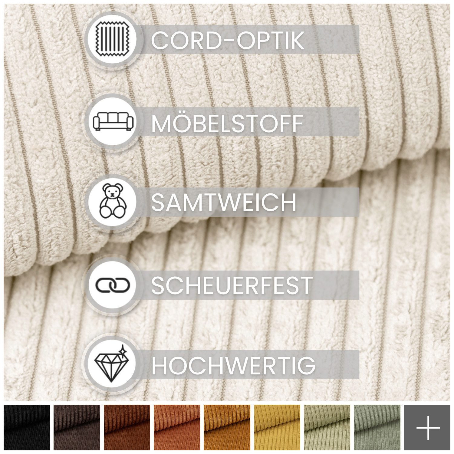 novely® Stoff PORTO - Polsterstoff in Breitcord-Optik - Ultraweicher Möbelstoff, Samtige Haptik, Reißfest, Fusselfrei, Robust, Meterware, 1lfm – Bild 5 von 5
