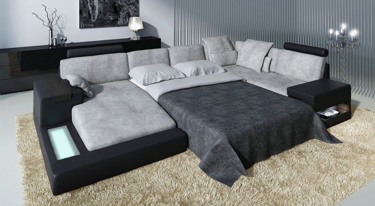 BULLHOFF Schlafsofa Schlafsofa XXL Wohnlandschaft Bettcouch Designsofa Sofa  U-Form Schlaffunktion Leder/Stoff Couch XXL Ottomane schwarz grau »HAMBURG«  von BULLHOFF, made in Europe, das "ORIGINAL"