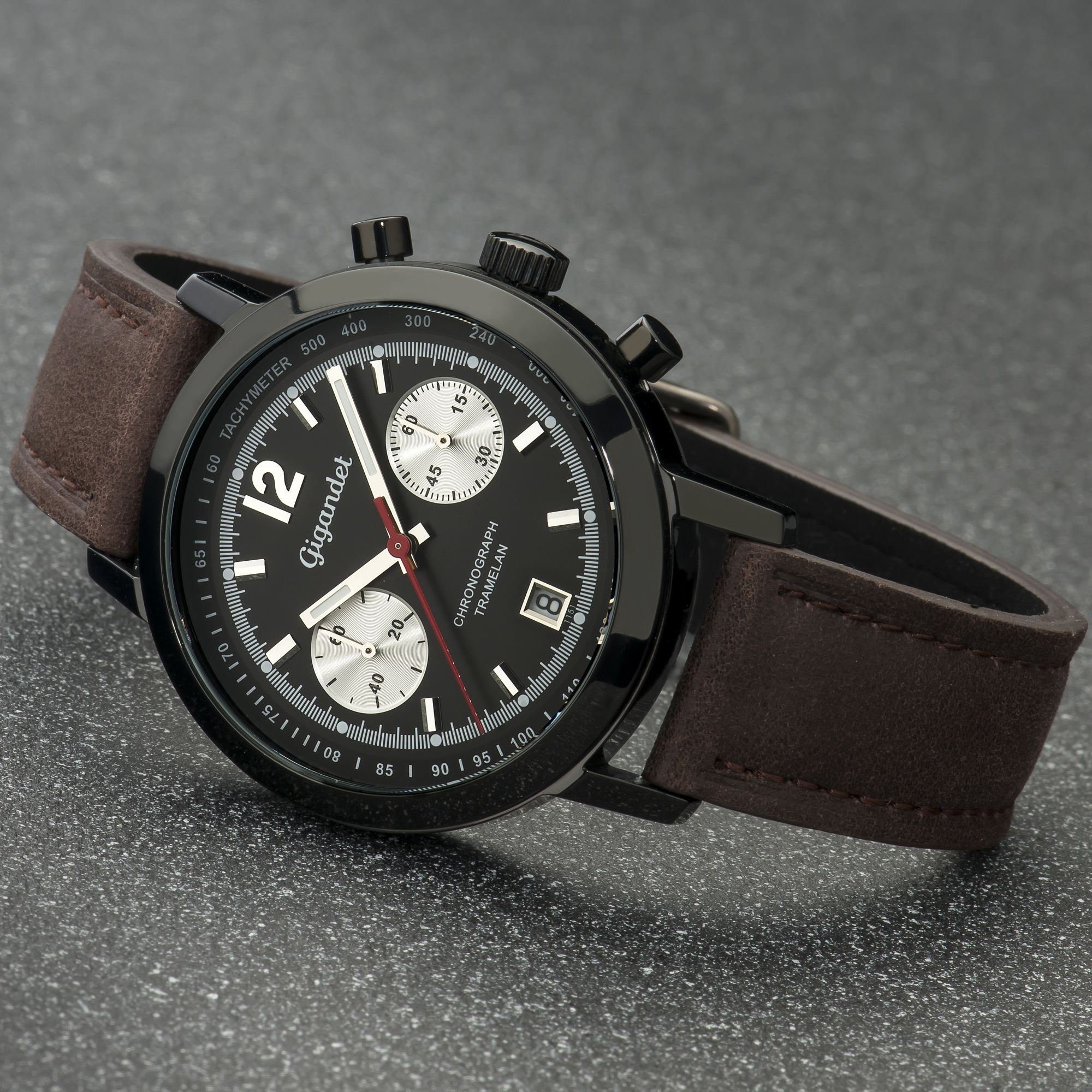 Gigandet Chronograph Armbanduhr, Herrenuhr, Sportuhr, 43mm, TRAMELAN G10-003, Mineralglas, Datumsanzeige, Lederband, 10bar/100m wasserdicht