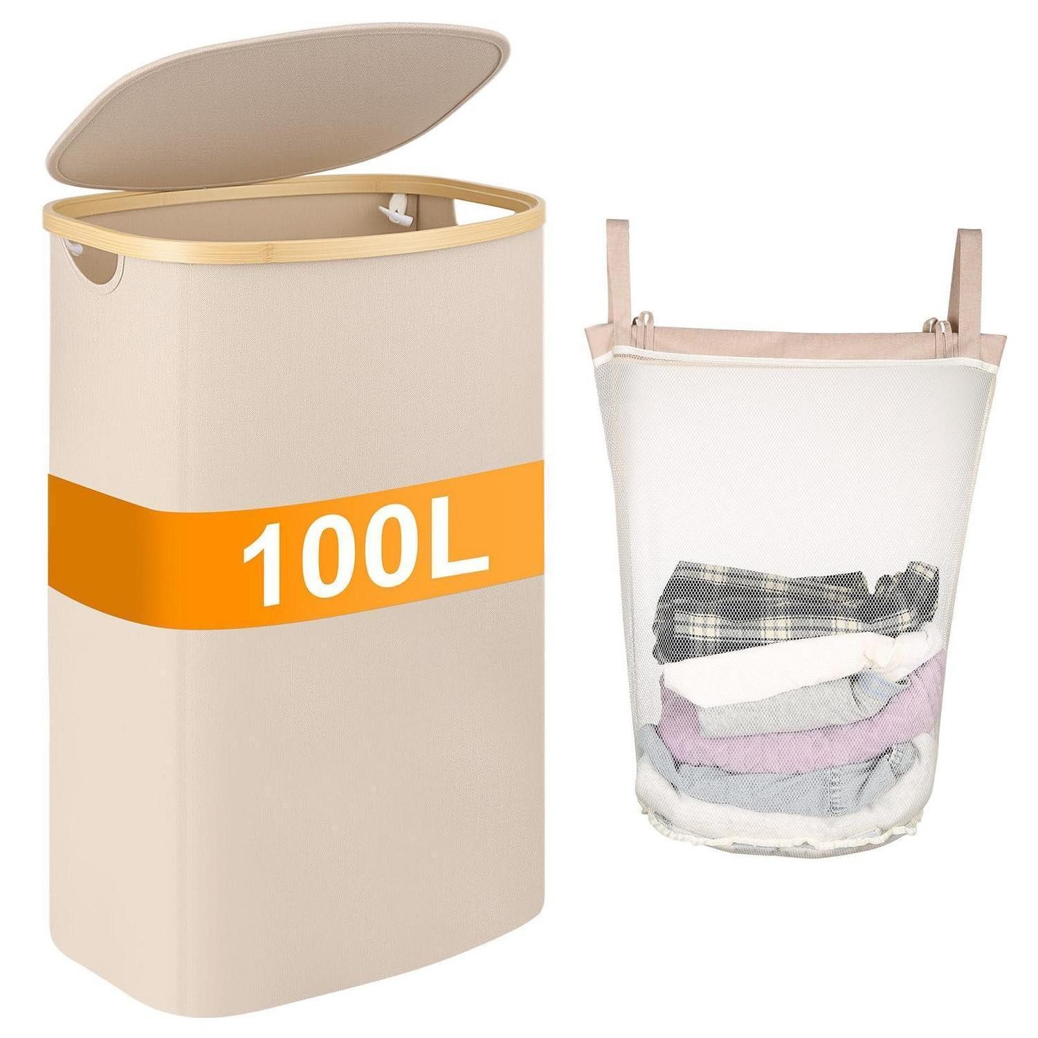 LuxusKollektion Wäschetonne Wäschekorb Wäschesammler Deckel Bambus Bad Haushalt Hellbeige 100L