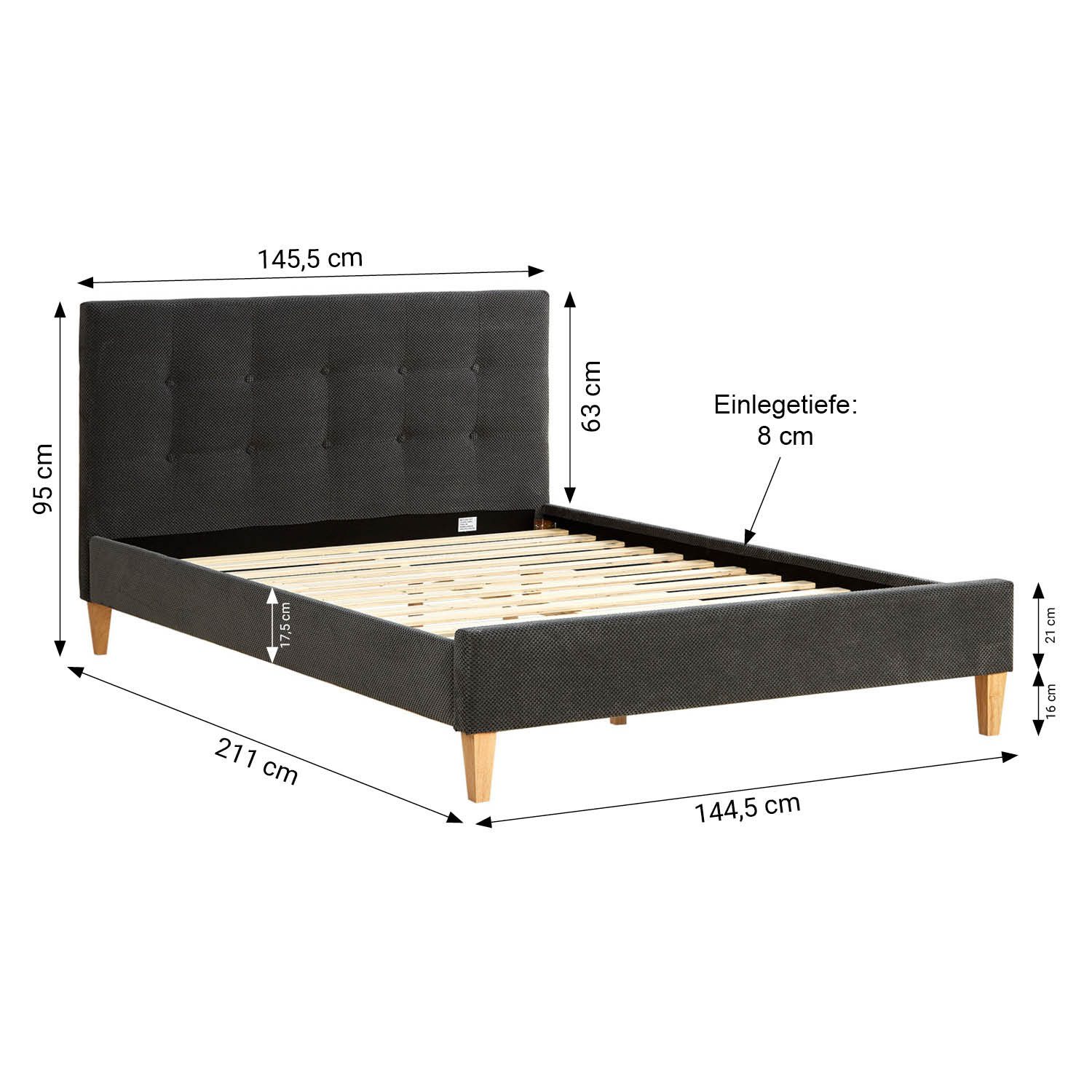 Homestyle4u Polsterbett 140x200 Lattenrost Doppelbett Samt Anthrazit Holzfüße Polsterkopfteil (Spar-Set, mit Lattenrost)