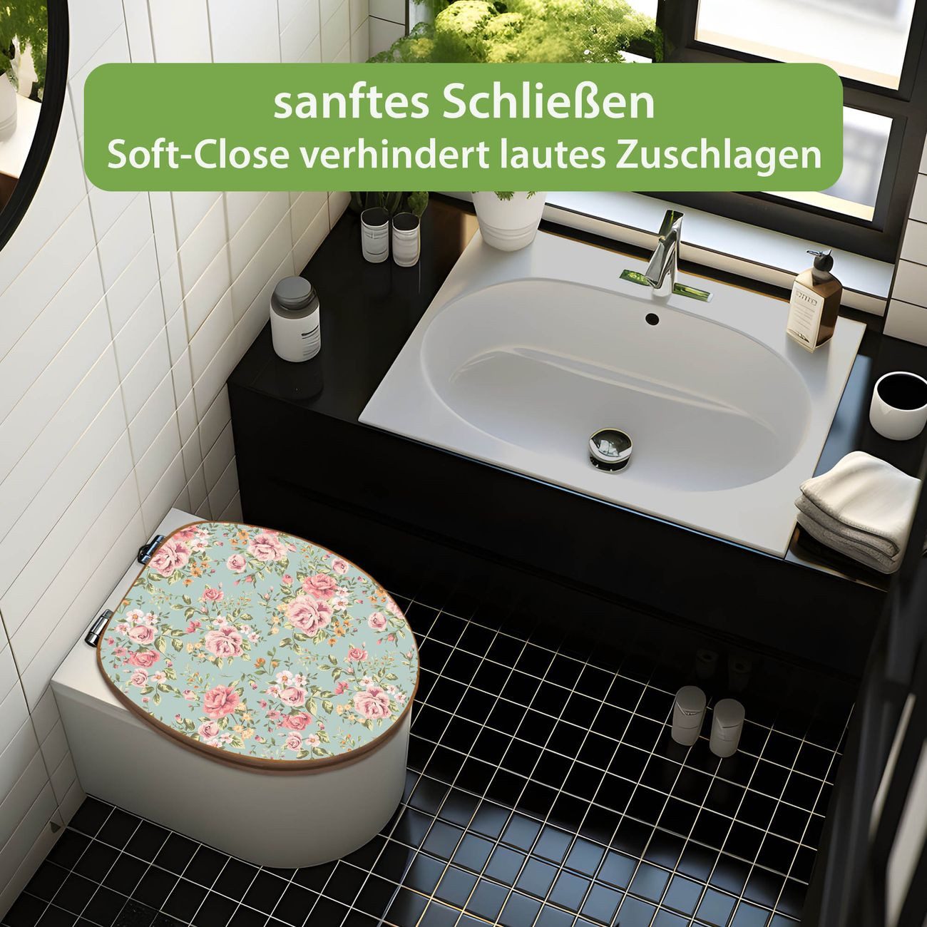 banjado WC-Sitz aus Bambus mit Absenkautomatik Motiv Altrosa Blume (umweltfreundliches Material, integrierte Absenkautomatik), 45,8 x 37,5 x 5 cm