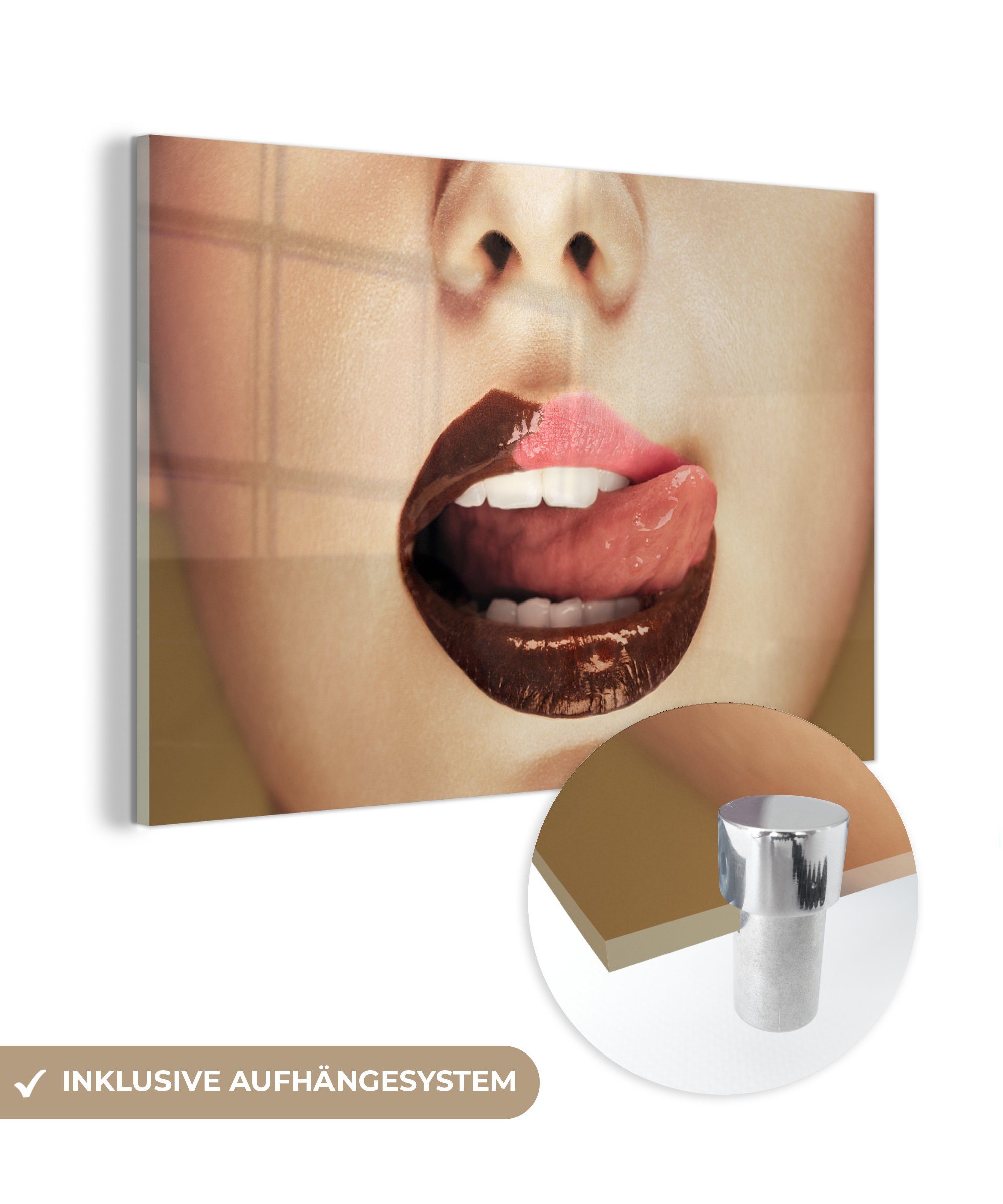 MuchoWow Acrylglasbild Lippen - Schokolade - Frau - Porträt, (1 St), Acrylglasbilder Wohnzimmer & Schlafzimmer