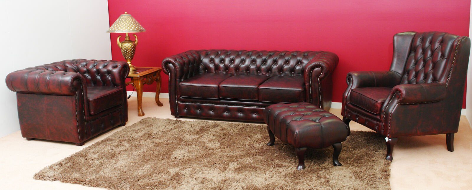 JVmoebel Sofa Vintage Sofagarnitur Ledersofa Chesterfield 3+1 + Ohrensessel Hocker, Made in Europe