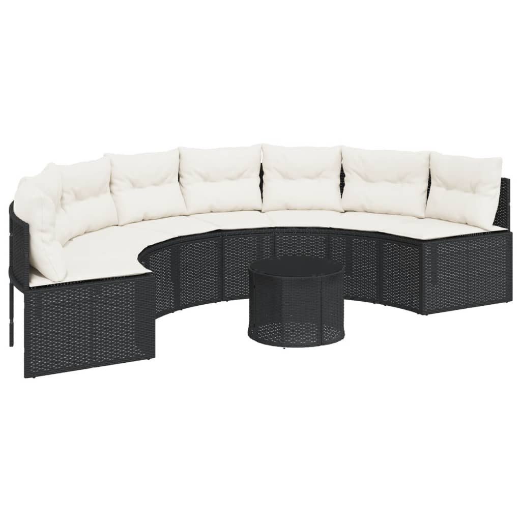 vidaXL Loungesofa Gartensofa mit Tisch und Kissen Halbrund Schwarz Poly-Rattan, 1 Teile