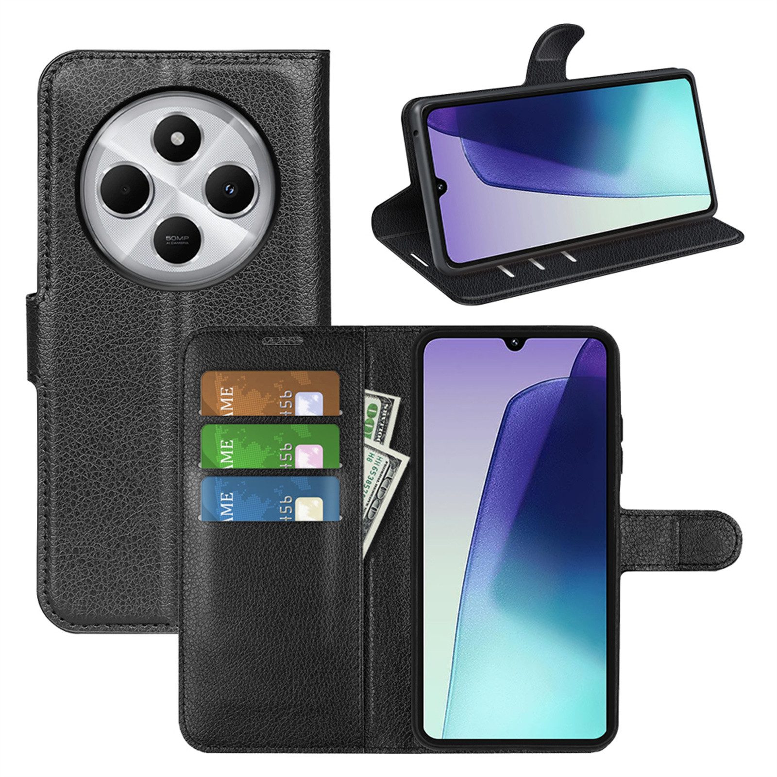 betterfon Handyhülle für alle Xiaomi Modelle Klapphülle Flip Case Wallet Case in Schwarz, 3 Kartenfächer, Magnetverschluss & Standfunktion im Lederlook