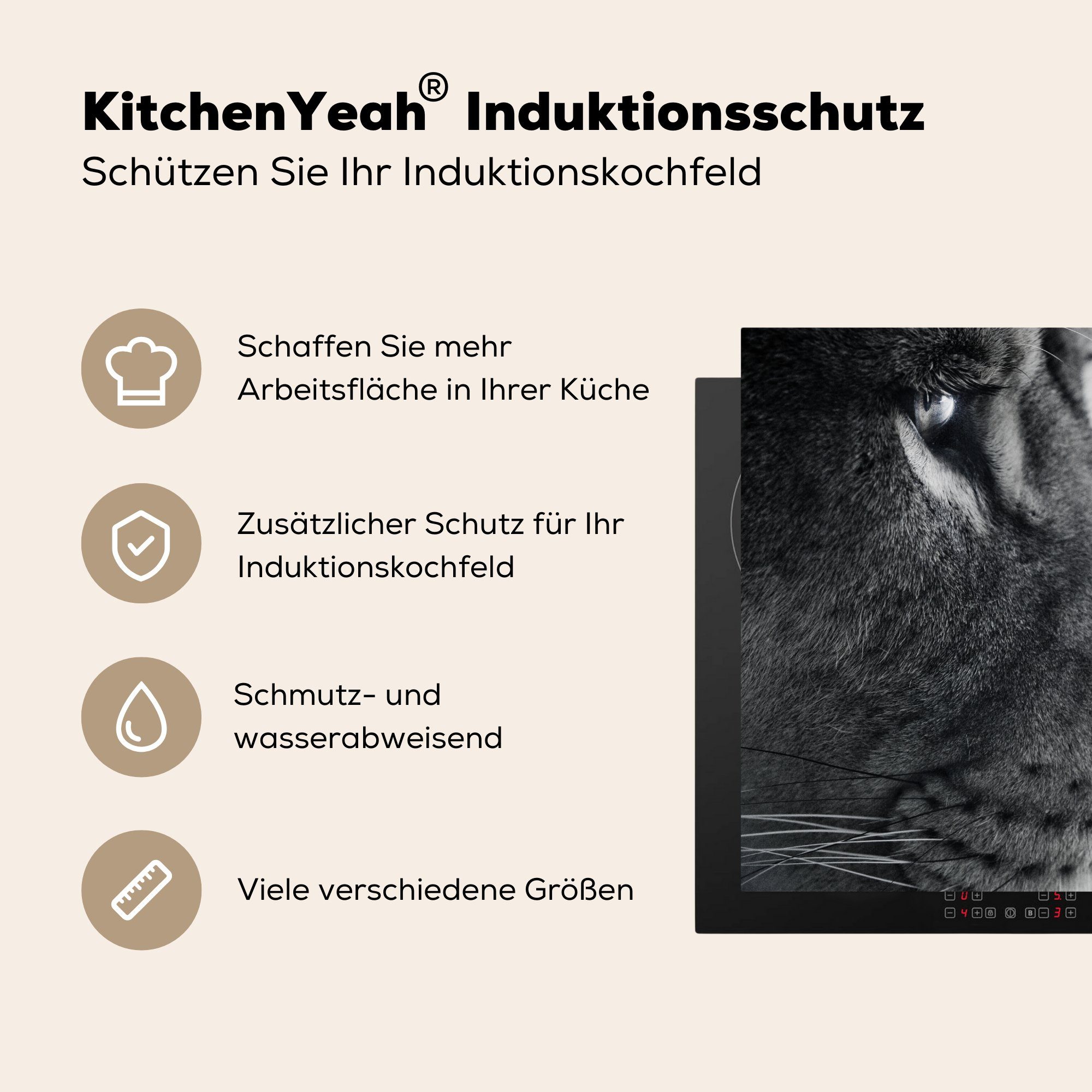 (1 cm, in Löwe schwarz für Vinyl, tlg), Tierprofil und küche 78x78 weiß, Arbeitsplatte Ceranfeldabdeckung, Herdblende-/Abdeckplatte MuchoWow