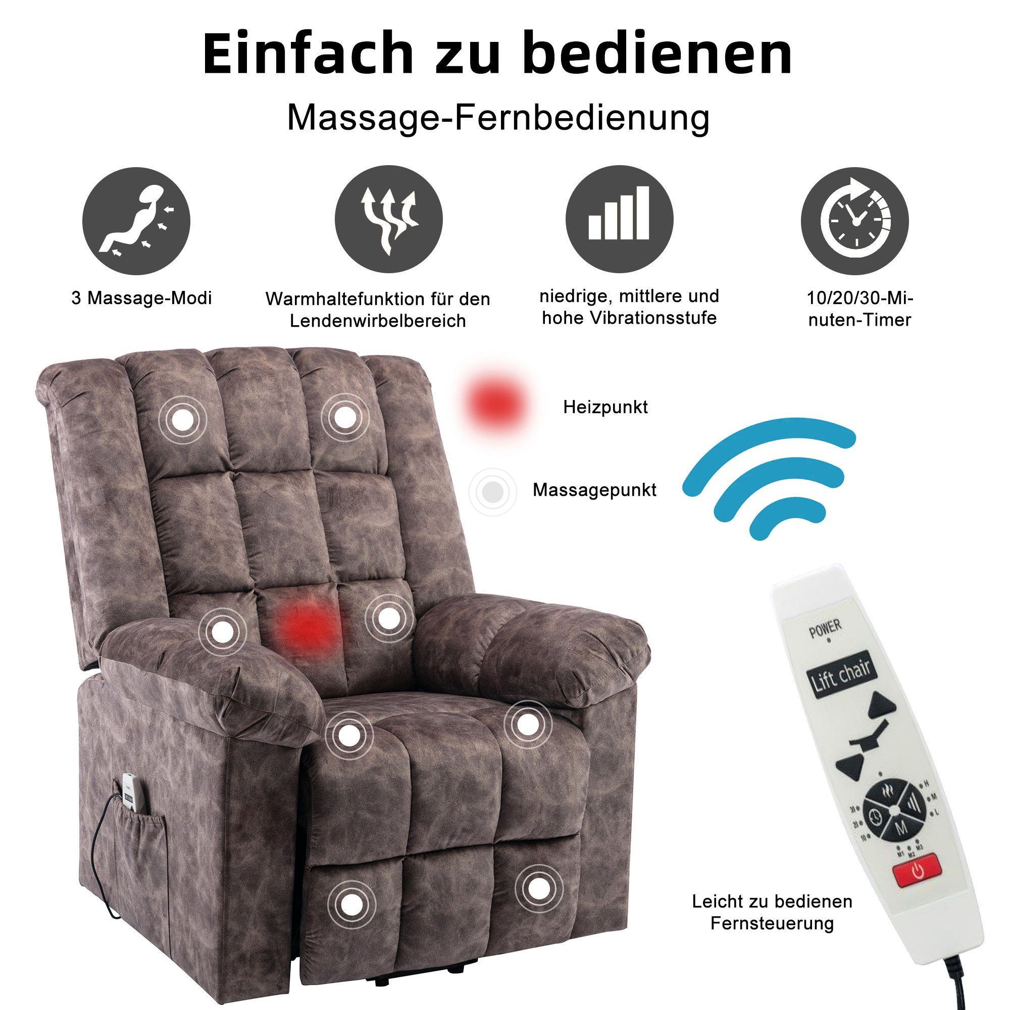 TV-Sessel (Fernsehsessel mit Aufstehhilfe, elektrisch Relaxsessel mit Fernbedienung, bis 130 kg belastbar), Massagesessel mit Liegefunktion, Wärmefunktion und Vibrationsmassage