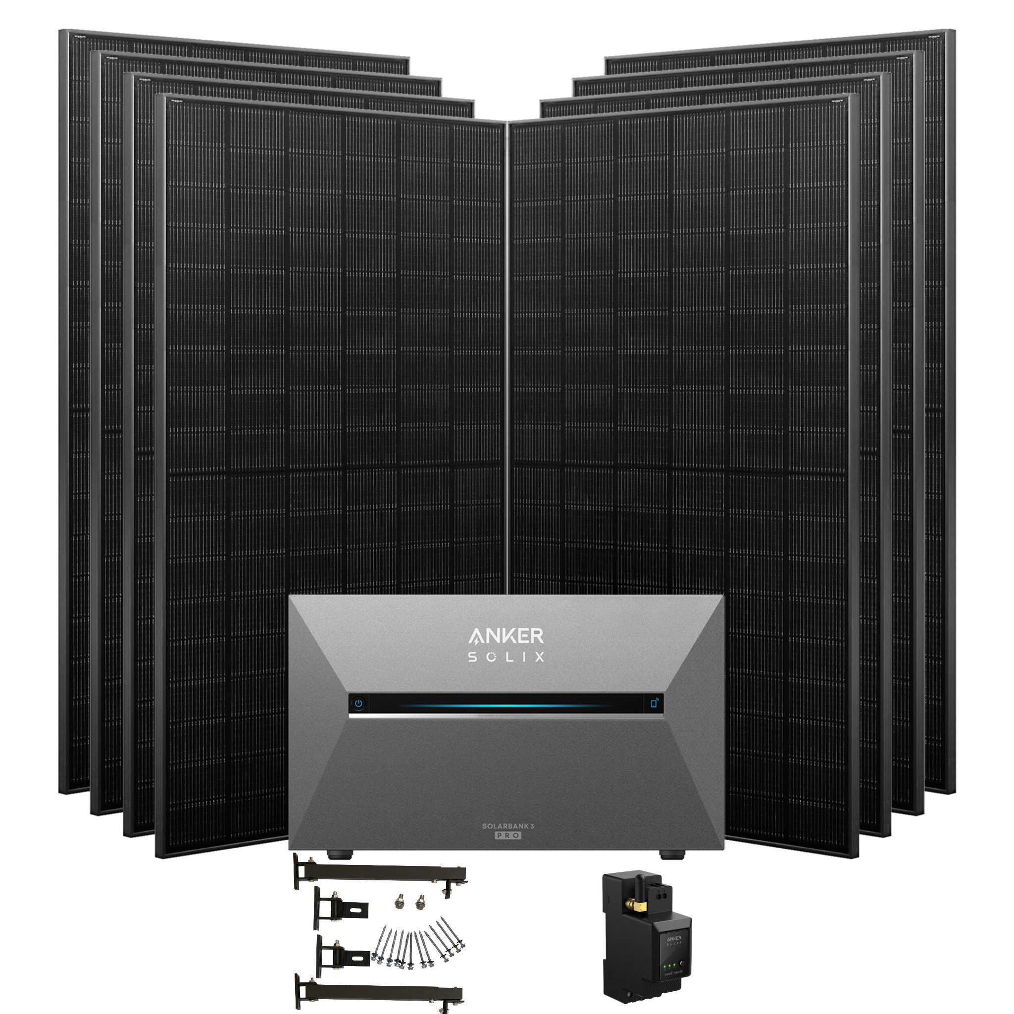 Anker Balkonkraftwerk Solix 3640W Photovoltaikanlage Komplettset mit Solarbank E2700 3 Pro, 3600 W, (Set, 8 *455W Solarmodule+ Anker solarbank 3 Pro / Montageset/BP2700), mit Smart Meter, integriertem Wechselrichter, Wifi, Bluetooth, IP65