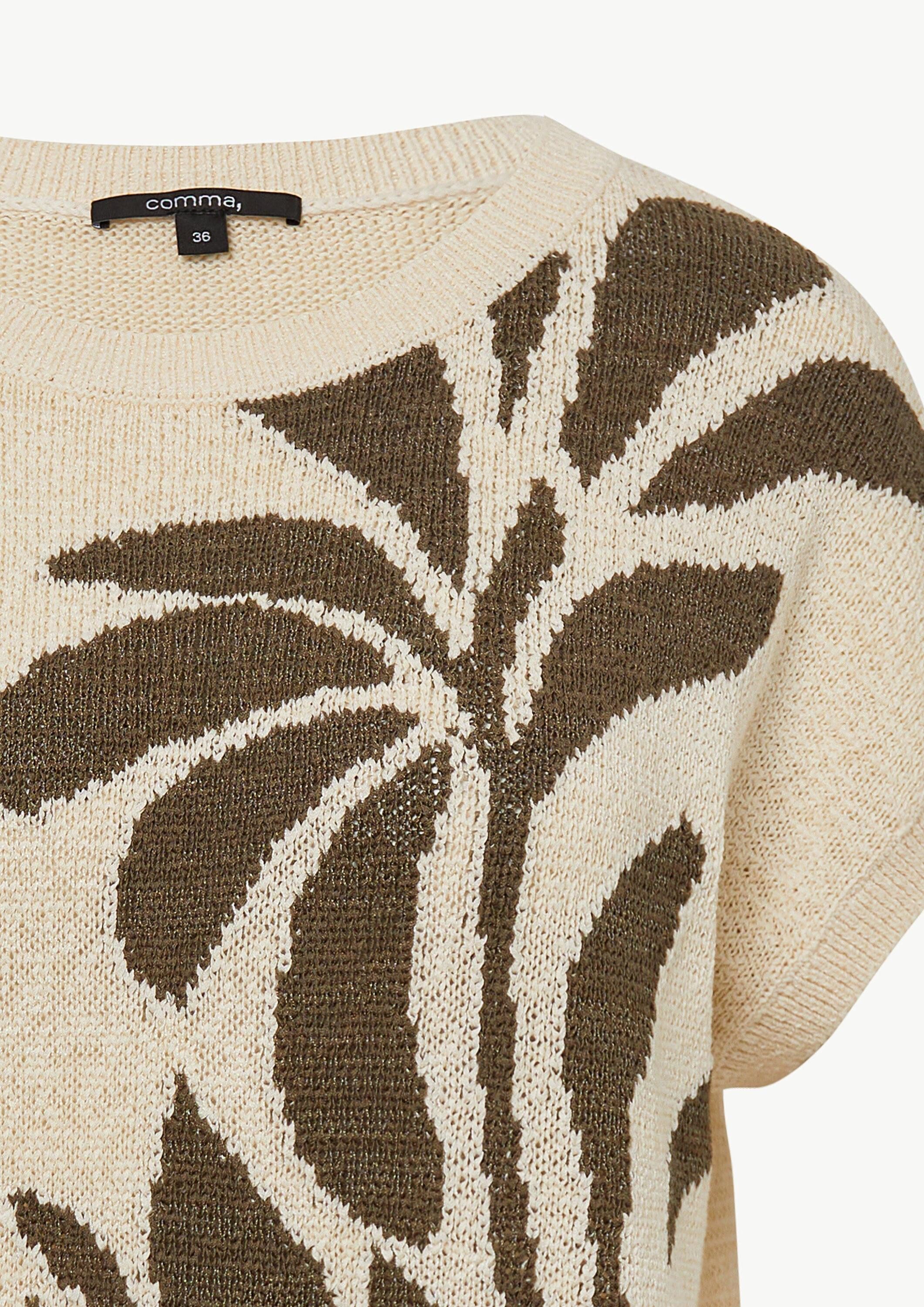 comma Kurzarmpullover Strickpullover Kurzarm-Strickpullover mit floraler Intarsie