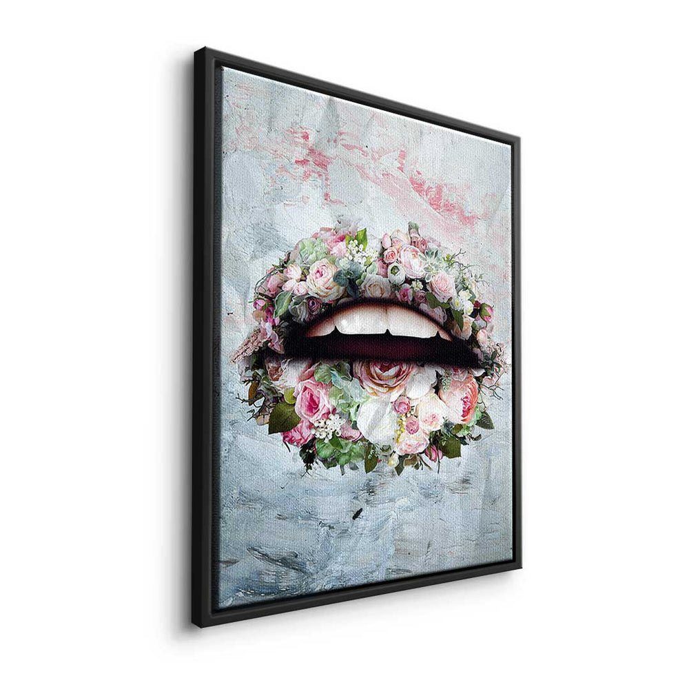 - goldener Leinwandbild Wandbild Art Lips Premium Pop modernes Leinwandbild, - DOTCOMCANVAS® - & Flowers Rahmen