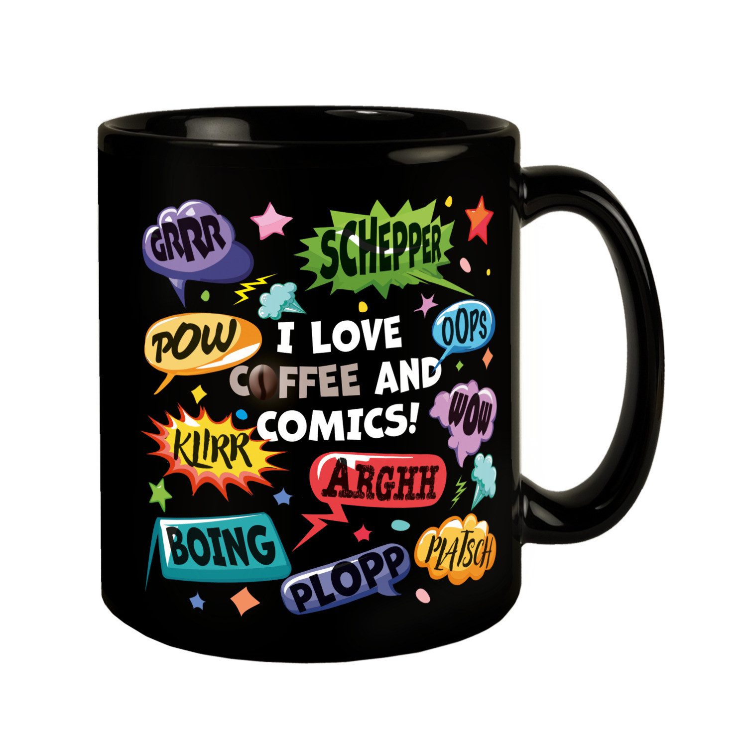 speecheese Tasse Comic Tasse in Schwarz mit Spruch: Love Comics and coffee