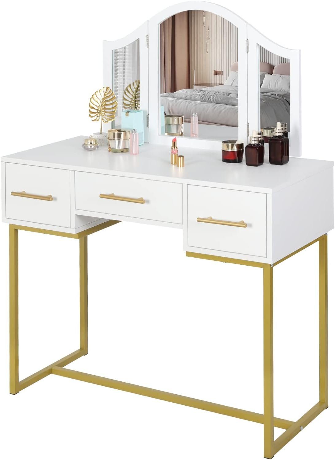 Woltu Schminktisch (1-St), dreiteiliger Klappspiegel, 3 Schubladen, Weiß-Gold