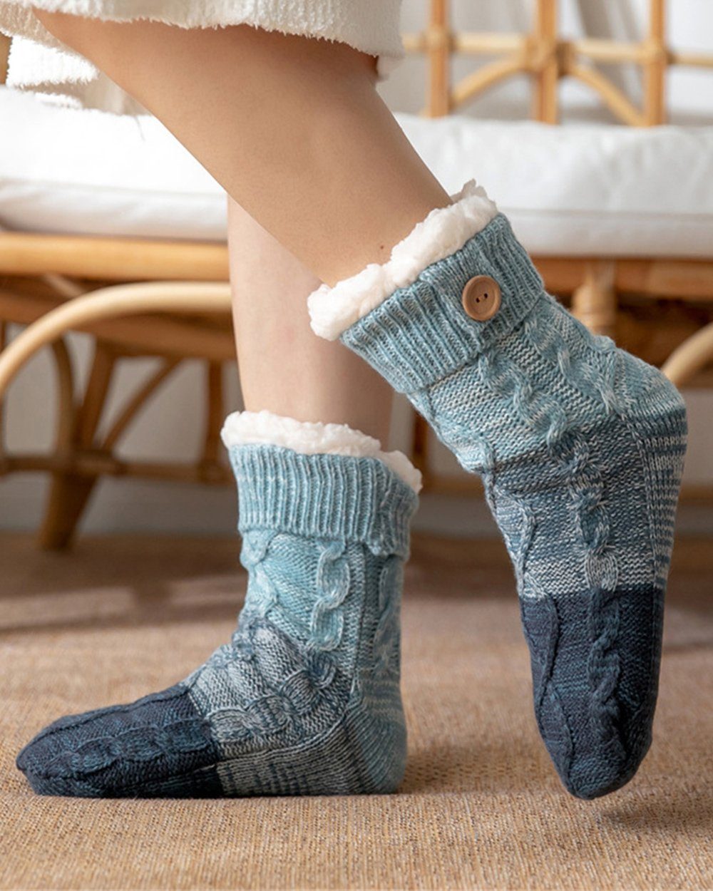 Dekorative Thermosocken Socken Kuschelsocken mit Rutschfest Sohle, Haussocken für Winter (1Paar
