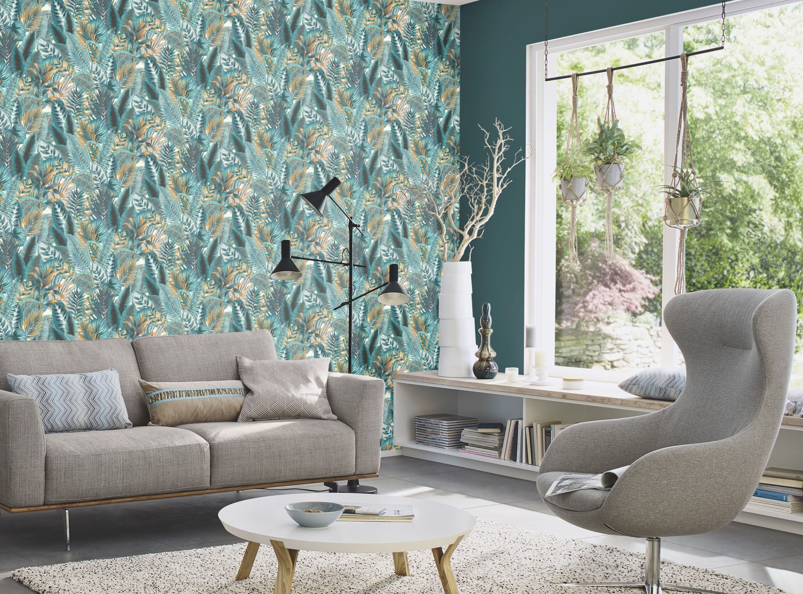 Rasch Vliestapete Blätter & Dschungel - Vliestapete Weiß Braun Blau, floral, bedruckt, (1 Rolle, 1 St., 10,05 m x 0,53 m), Lichtbeständige Farben - Feucht abwischbar - Restlost abziehbar