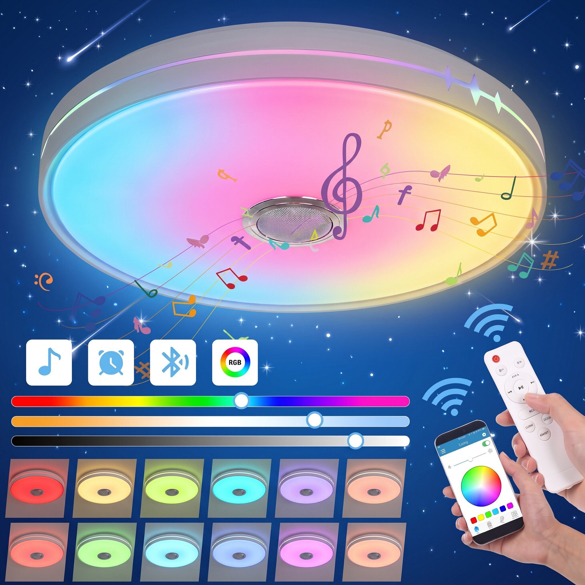 oyajia Deckenleuchte 55W Smart LED Deckenleuchte RGB Dimmbar mit Bluetooth Lautsprecher, LED fest integriert, Kaltweiß+Naturweiß+Warmweiß+RGB, RGB Deckenleuchte mit Fernbedienung und APP-Steuerung für Schlafzimmer