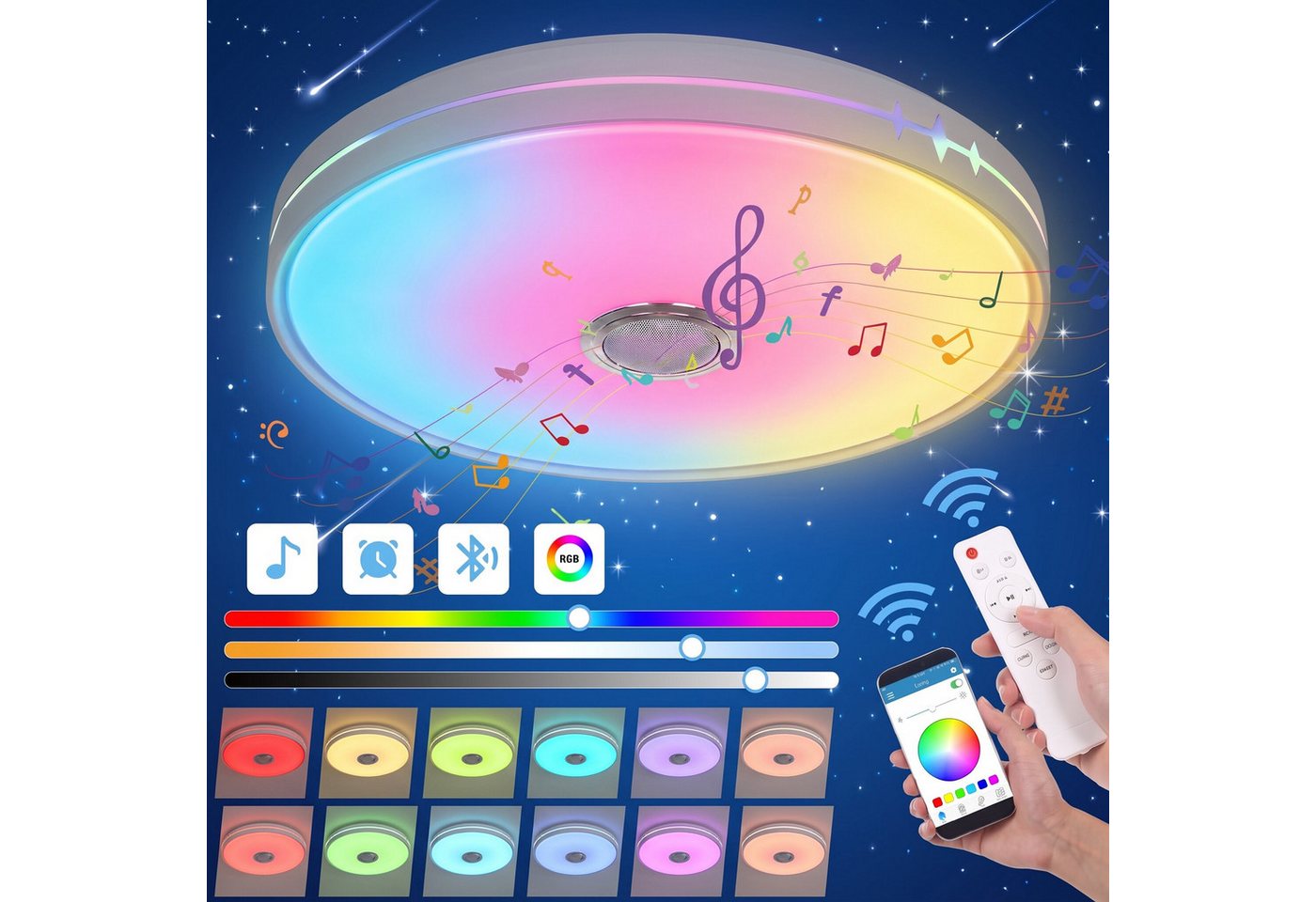 oyajia Deckenleuchte 55W Smart LED Deckenleuchte RGB Dimmbar mit Bluetooth Lautsprecher, LED fest integriert, Kaltweiß+Naturweiß+Warmweiß+RGB, RGB Deckenleuchte mit Fernbedienung und APP-Steuerung für Schlafzimmer