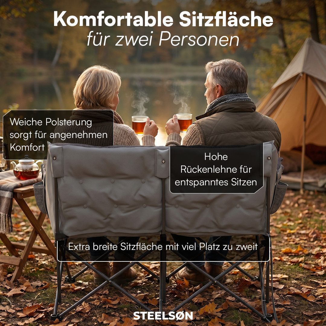 STEELSØN Campingstuhl Hoggar mit Hocker, gepolsterter Klappstuhl mit Seitentasche (grau, 134 cm breit), XXL Campingbank für 2 Personen, Campingsofa bis 320kg