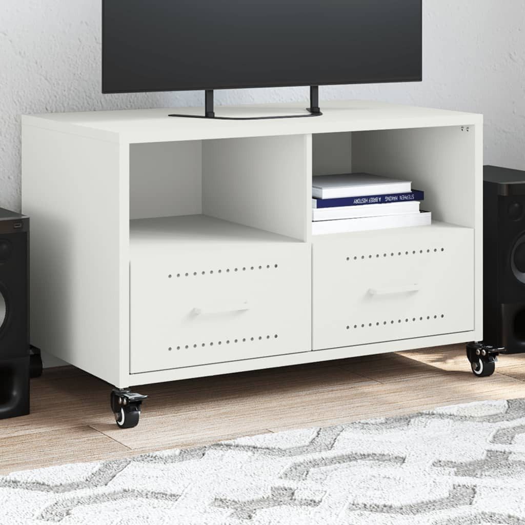 furnicato TV-Schrank aus kaltgewalztem Stahl Weiß 68 x 39 x 43,5 cm (1-St) Lowboard mit Rollen, zwei Schubladen und Ablagen für das Wohnzimmer