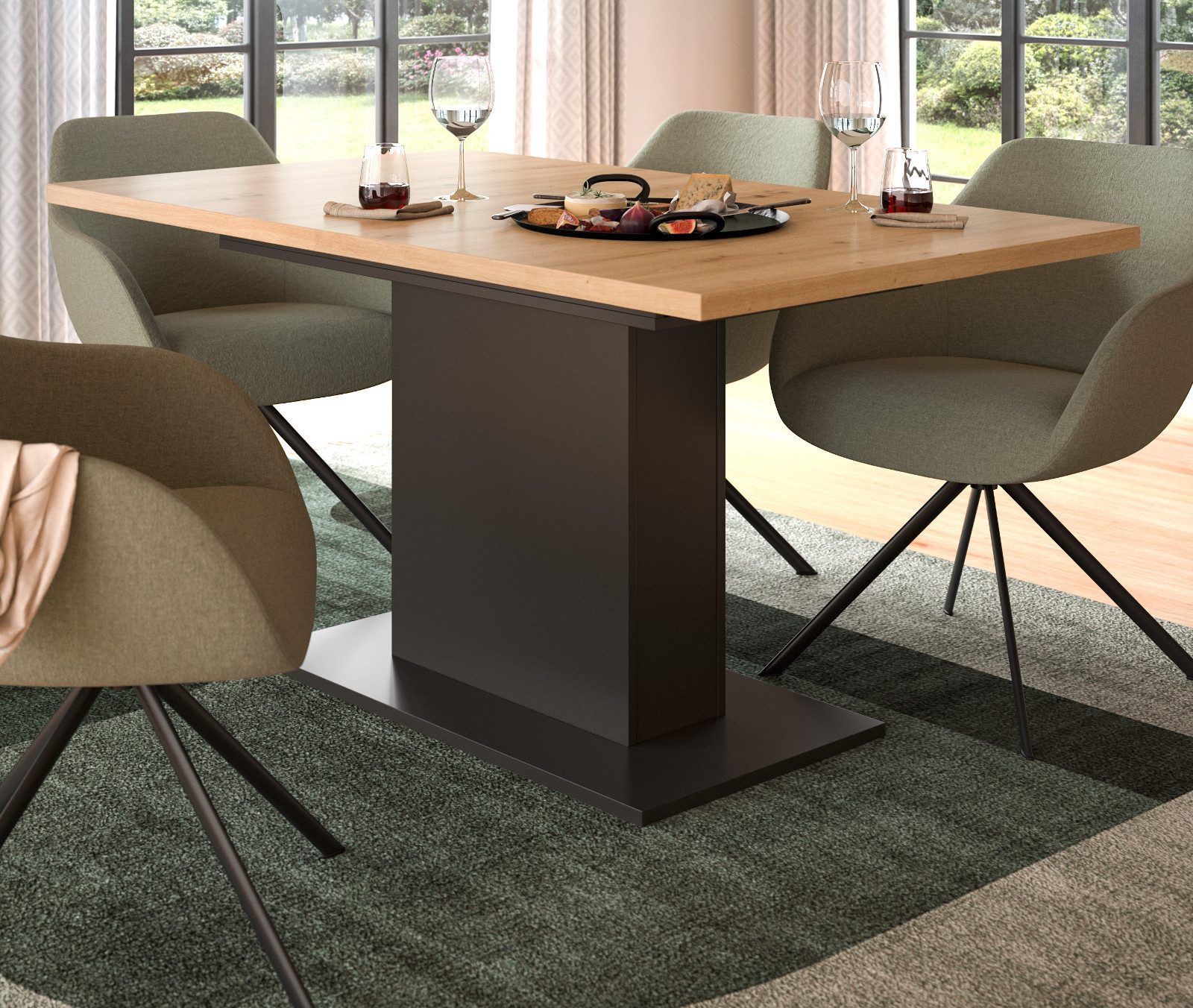 Inn.Furn Säulen-Esstisch Home-X (Küchentisch in Eiche Artisan und grau, ausziehbar von 150 cm auf 190 cm), Melaminbeschichtung, bis zu 8 Personen