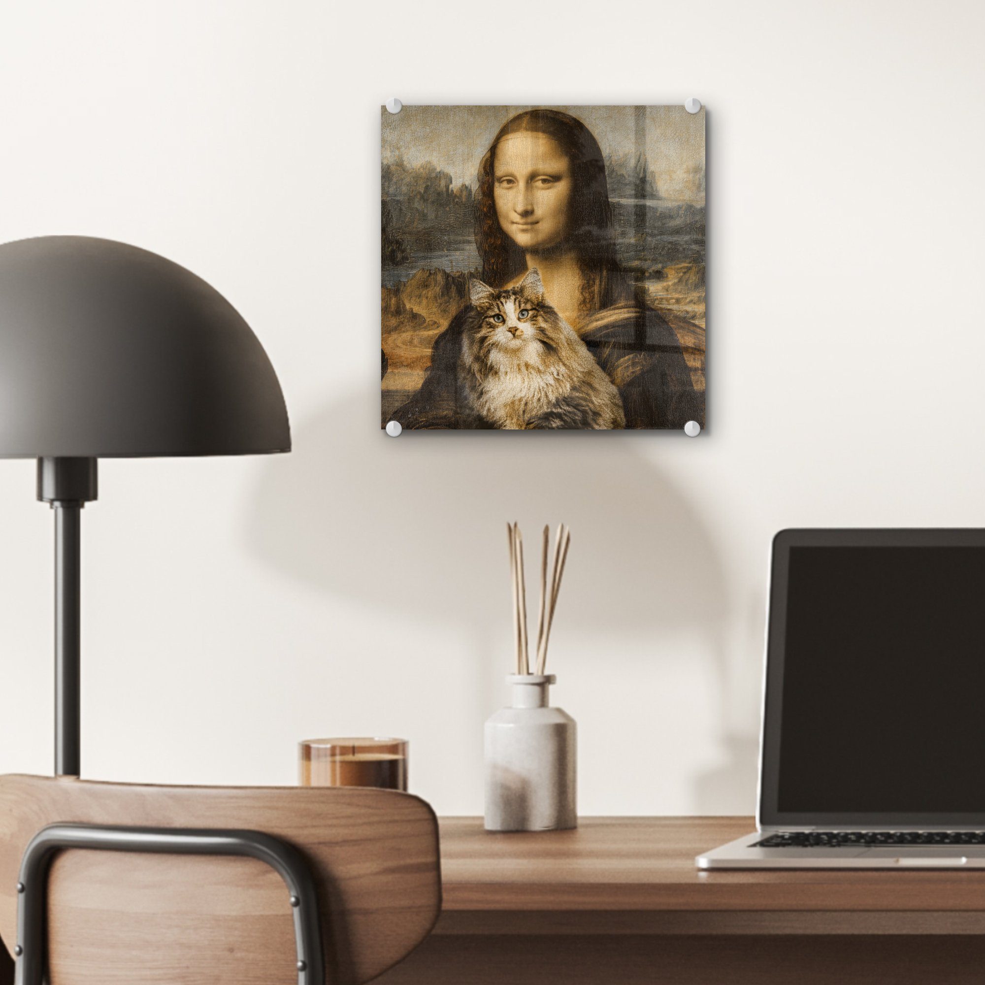 da - - Wandbild Mona MuchoWow Bilder Wanddekoration - Lisa bunt Katze Leonardo Vinci - Glasbilder Acrylglasbild (1 - Foto Alte, Glas auf - Vintage St), Kunstwerk - auf - Glas