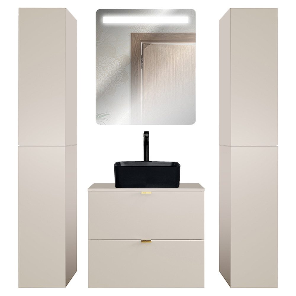 Lomadox Badmöbel-Set DURANGO-56, (Spar-Set, 4-St., LED-Spiegel Waschtisch Hochschränke), 60cm Waschtisch, kaschmir, verschiedene Grifffarben, LED-Spiegel