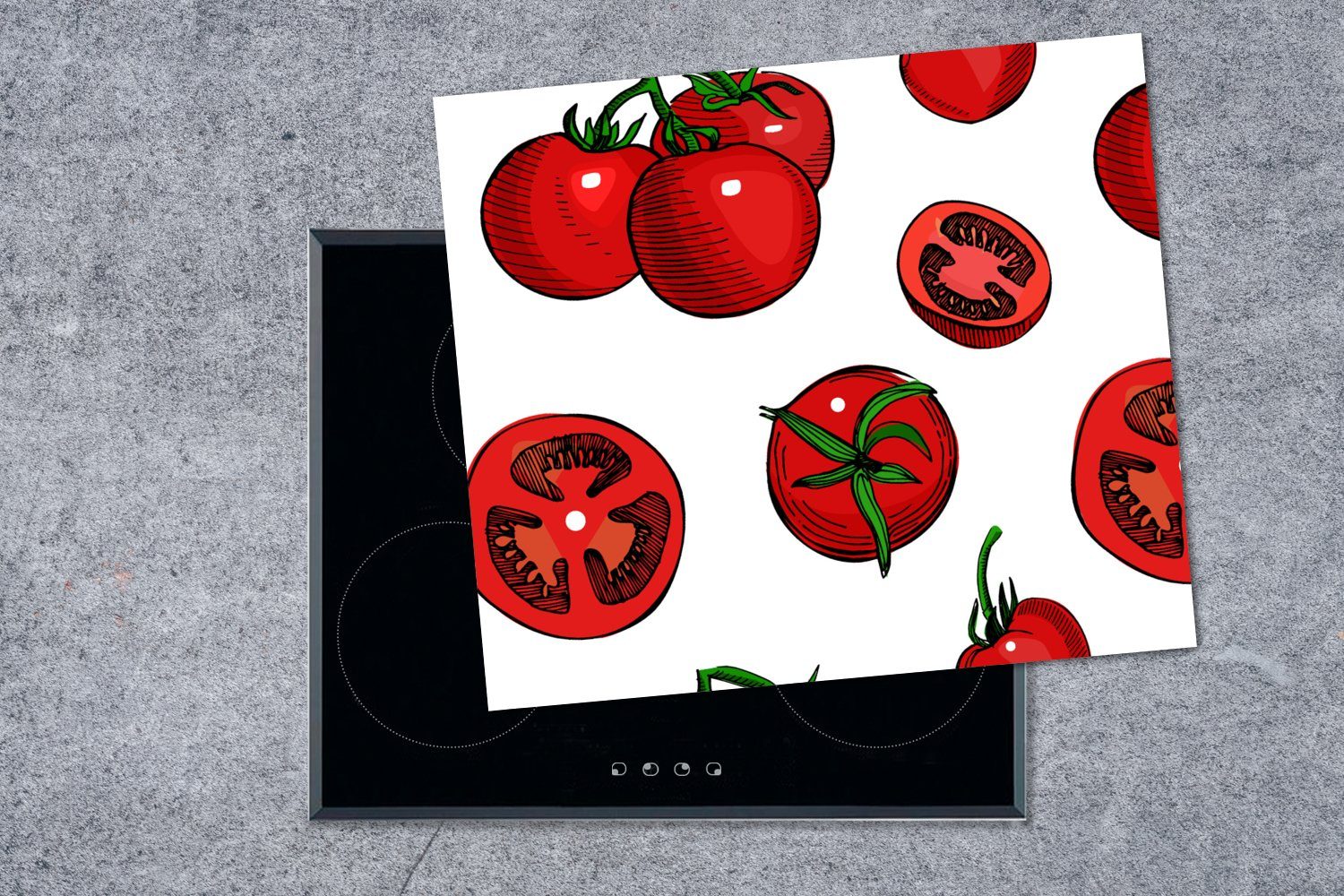 MuchoWow Herdblende-/Abdeckplatte Rot Ceranfeldabdeckung tlg), Muster Tomaten, cm, Mobile 60x52 Vinyl, Arbeitsfläche - - nutzbar, (1