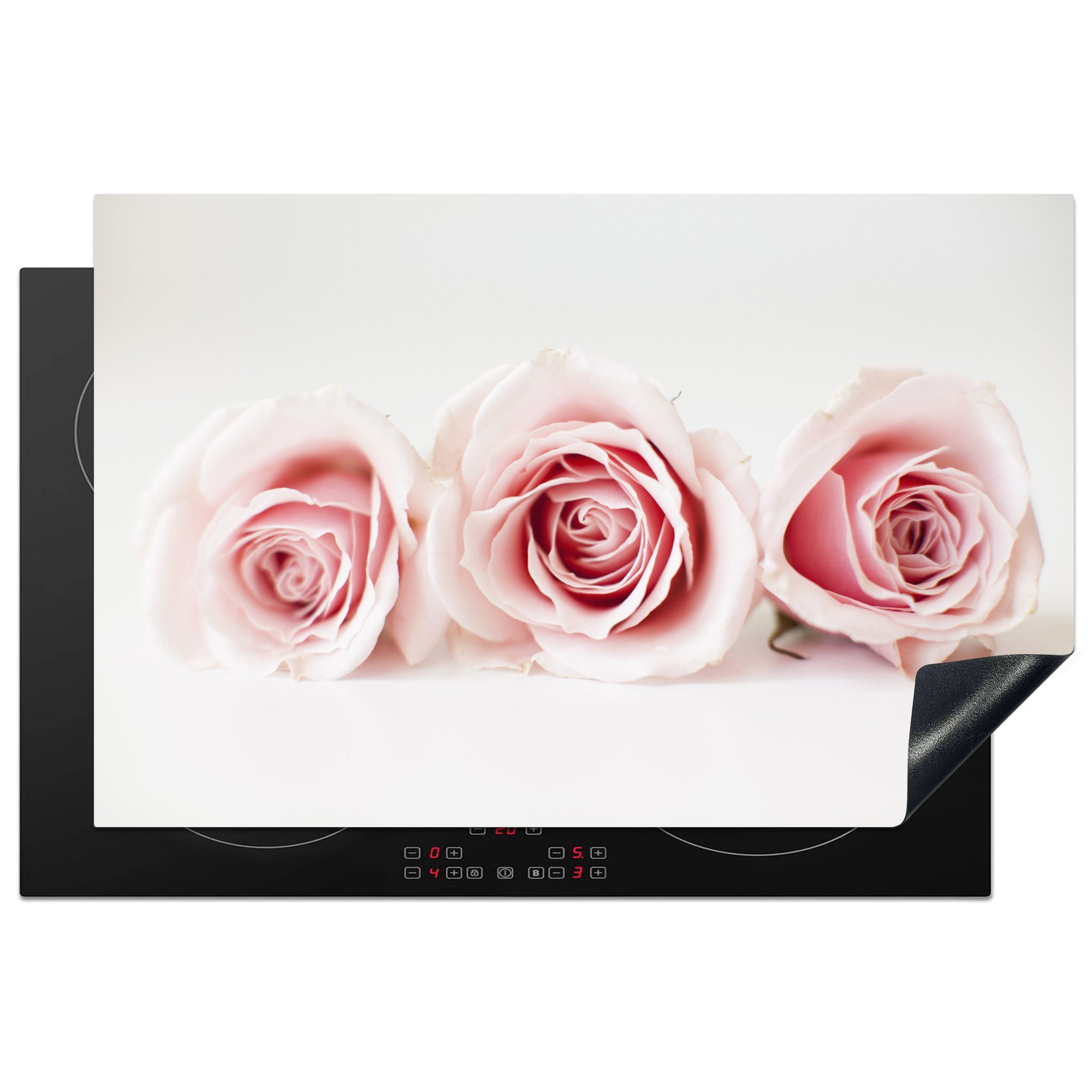 MuchoWow Herdblende-/Abdeckplatte Studioaufnahme von drei rosa Rosen nebeneinander, Vinyl, (1 tlg), 81x52 cm, Induktionskochfeld Schutz für die küche, Ceranfeldabdeckung