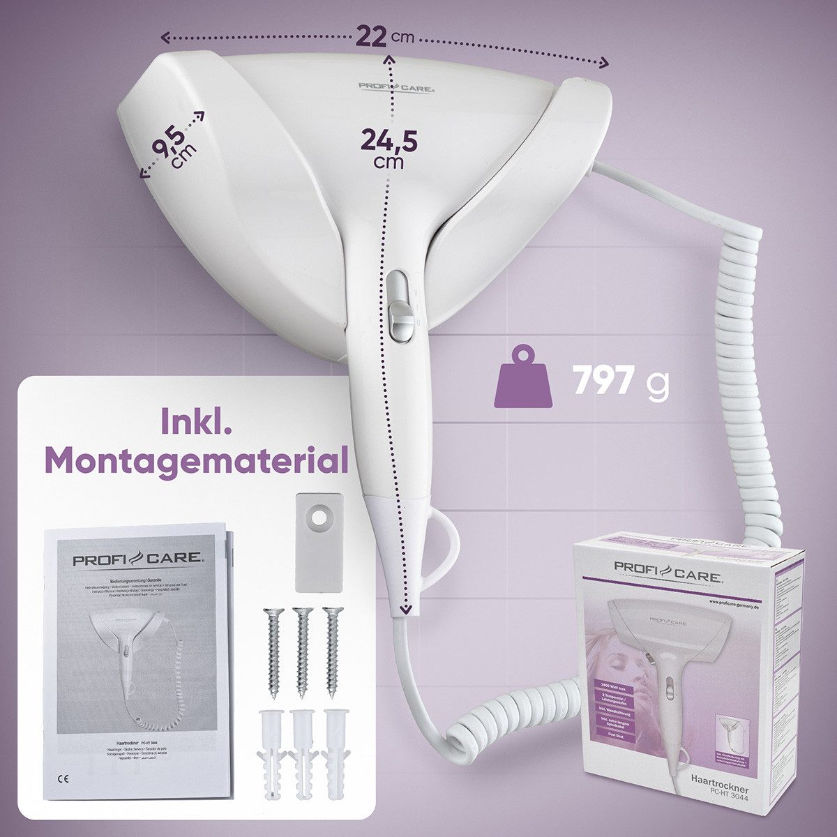 ProfiCare Haartrockner PC-HT 3044, kompakter Haartrockner inkl. Wandhalterung, 1800W
