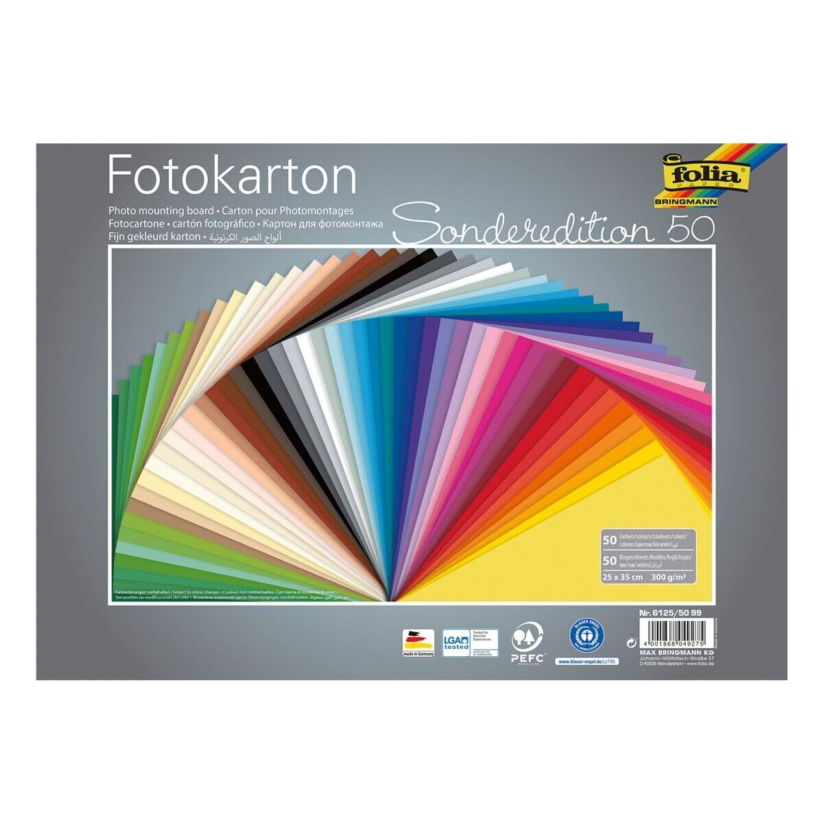 Folia Bastelkartonpapier Sonderedition 50, Fotokarton 50 Farben, 25x35 cm, 300 g/m², 50 Blatt
