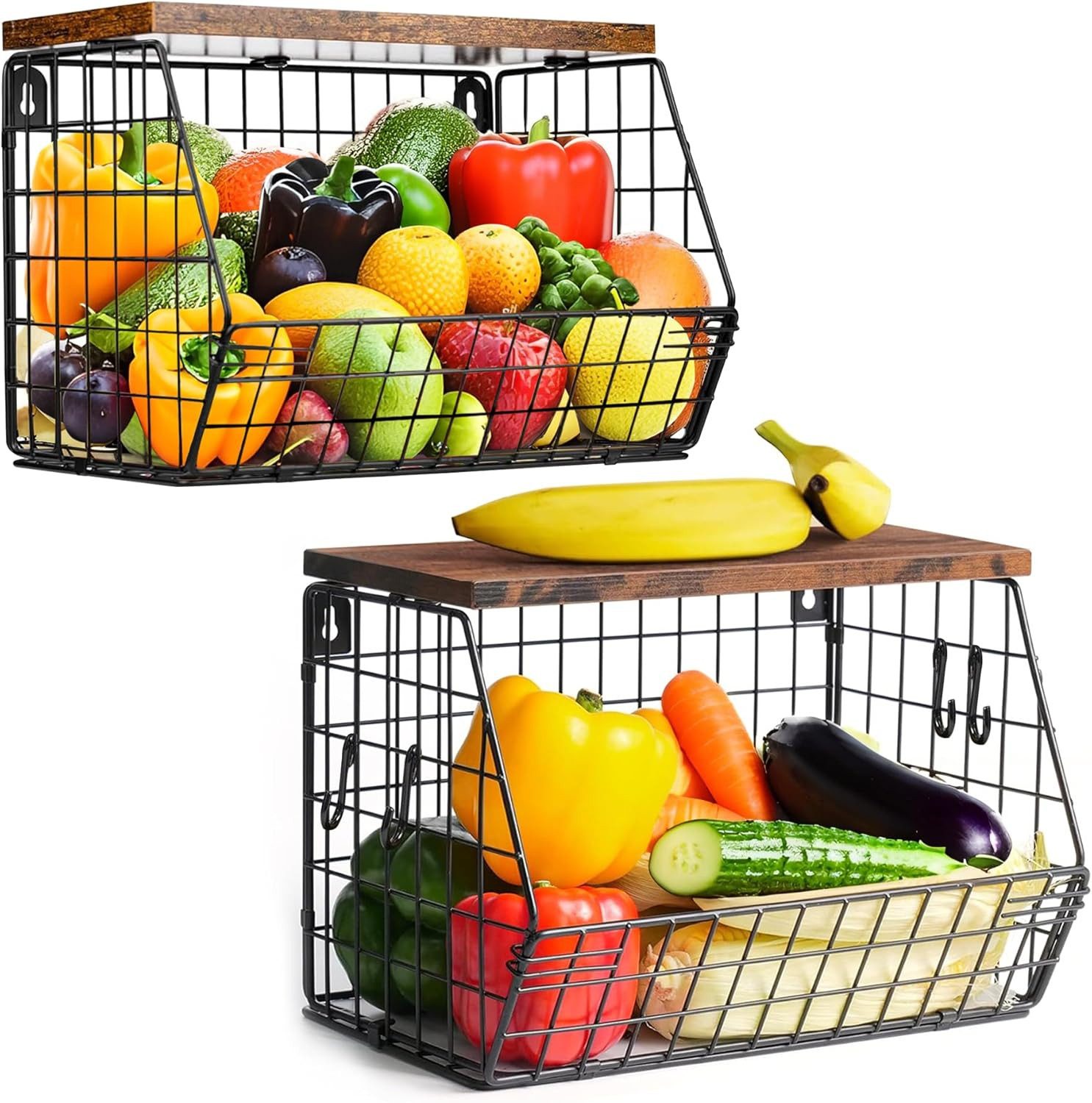 Refined Living Obstschale Obstkorb Hängend 2 Etagen, Wandkorb Schwarz mit Holzdeckel, 2er Set, Hochwertiger Kohlenstoffstahl + Holz, (Stapelbar Küchenorganizer, Obstschale Hängekorb, Schwarz Metall Wandkorb,Drahtkorb Küche, Gemüsekorb, Wandkorb Küche, Küc